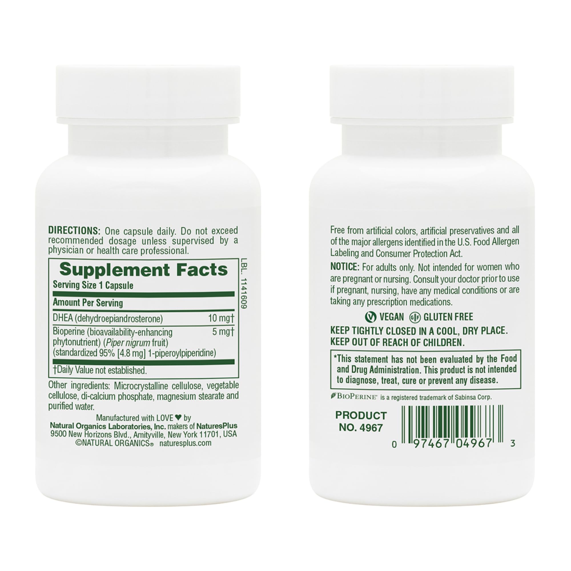 Natures Plus DHEA 10 with Bioperine - 10 mg, 90 Vegetarian Capsules | Gluten Free | 90 Servings