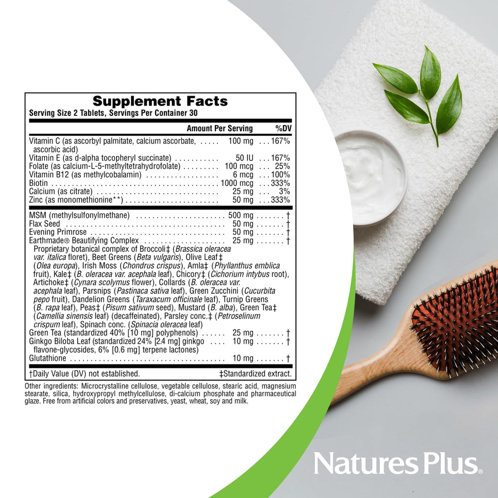 Nature's Plus Hair, Skin & Nails – 60 Vegan Tablets | Vegetarian & Gluten-Free | 30 Servings