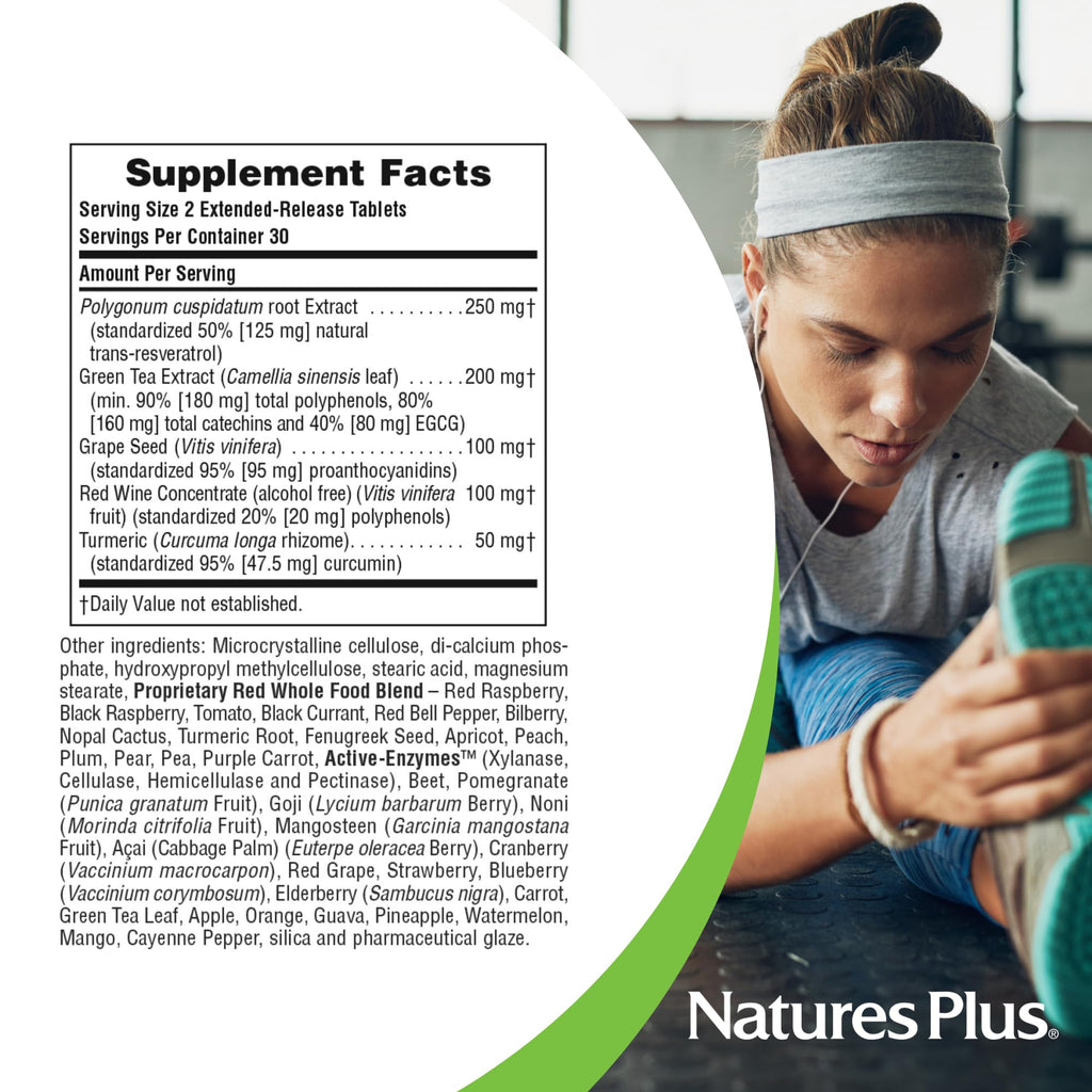 Natures Plus Herbal Actives Resveratrol, Extended Release - 125 mg | 60 Vegetarian Tablets - Gluten-Free