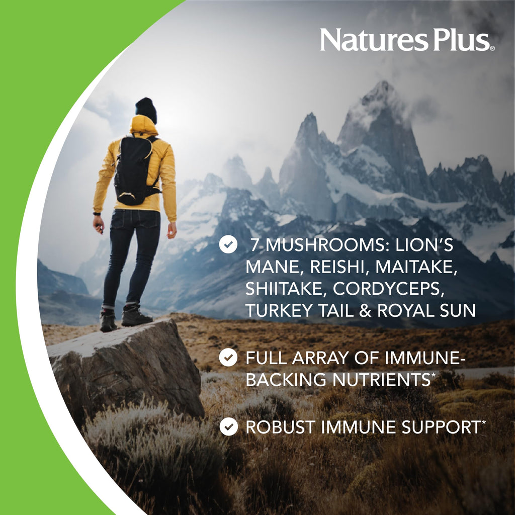 Natures Plus Immune Mushroom - 60 Capsules - Fruiting Body Immune Complex - from Seven Different Mushrooms - Delivers Key Micronutrients - Vegan, Gluten Free - 30 Servings
