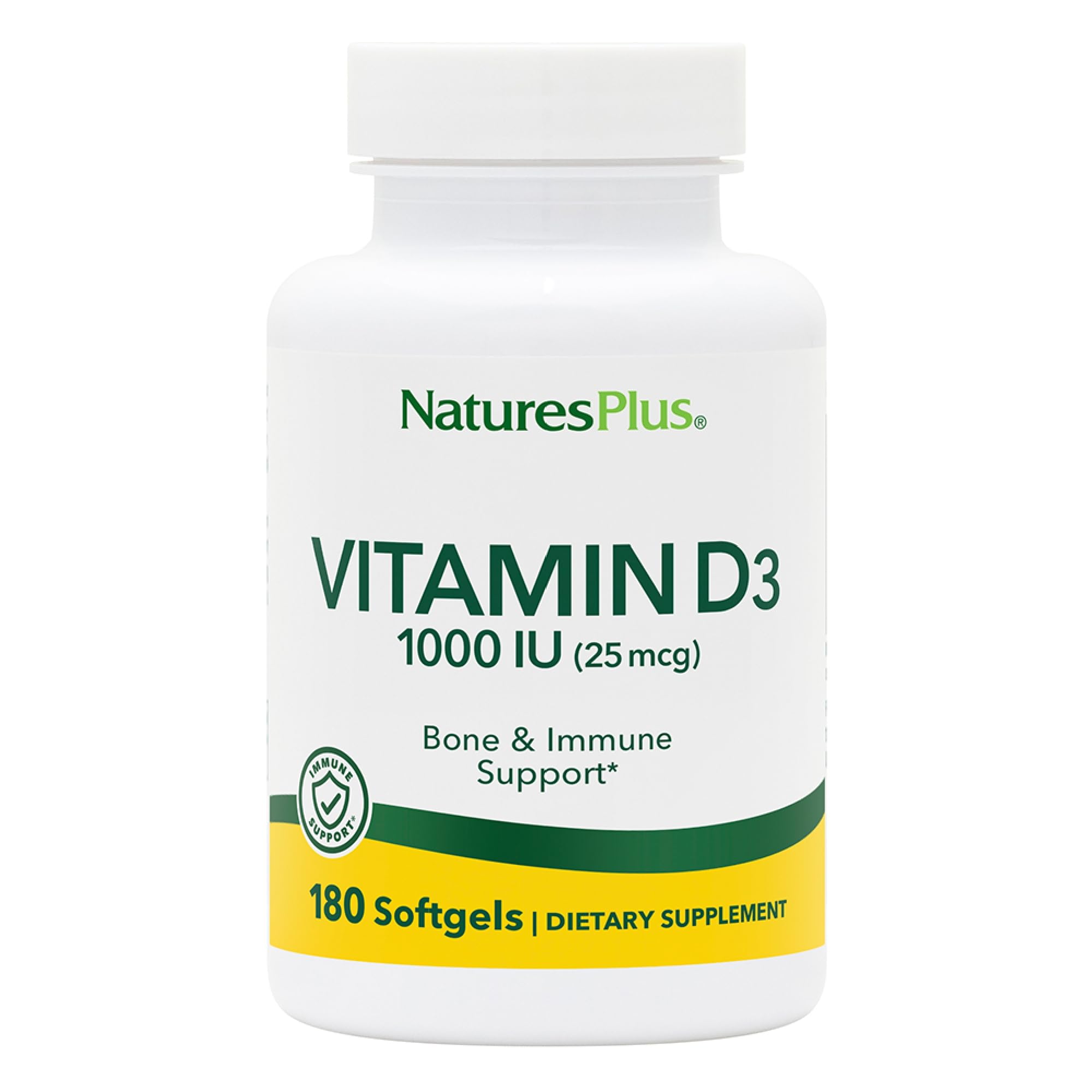 Nature's Plus Vitamin D3 1000 IU (Cholecalciferol) – 180 Softgels | Immune & Bone Health