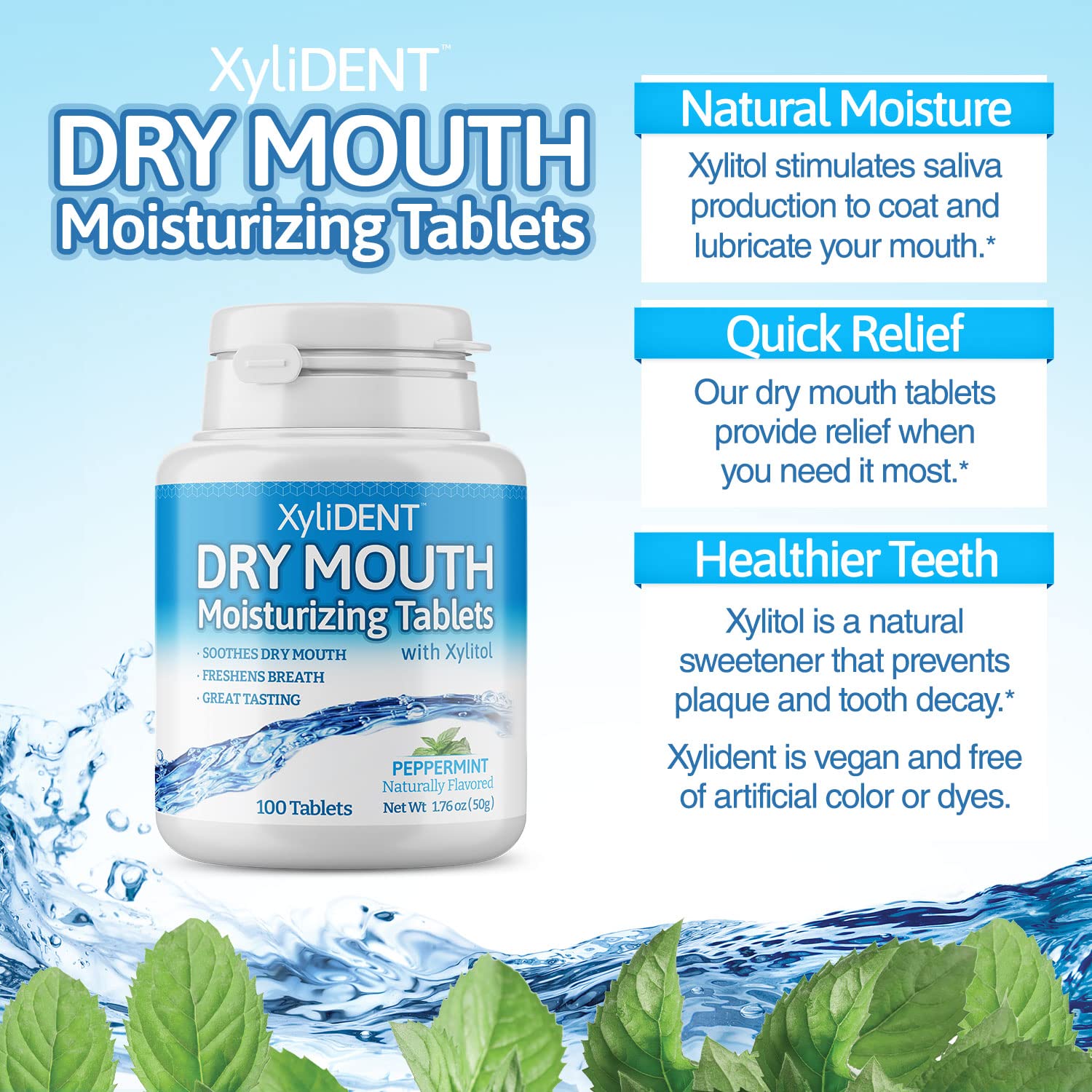 Nature's Stance XyliDENT Xylitol Tablets – Dry Mouth Relief, Fresh Breath, Peppermint, 100 Count per Pack, Pack of 2