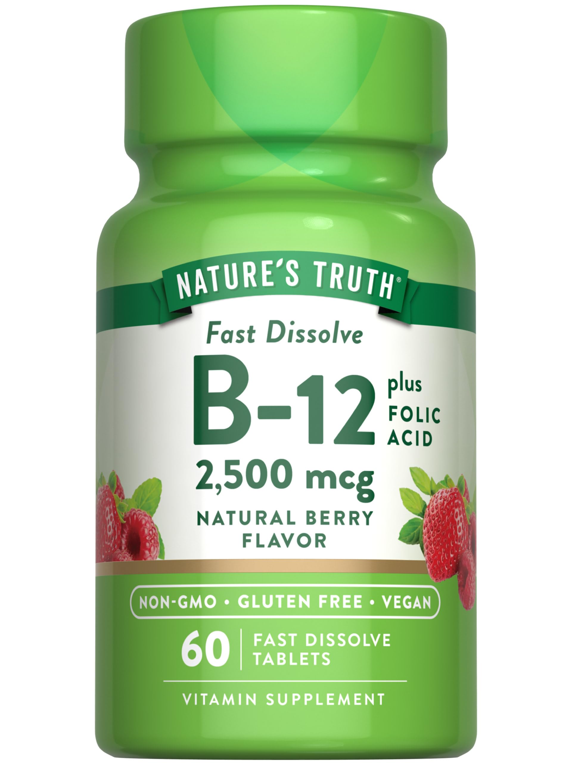 Nature's Truth B12 Vitamin | 60 Fast Dissolve Tablets | 2500 mcg | with Folic Acid | Vegan, Non-GMO & Gluten Free