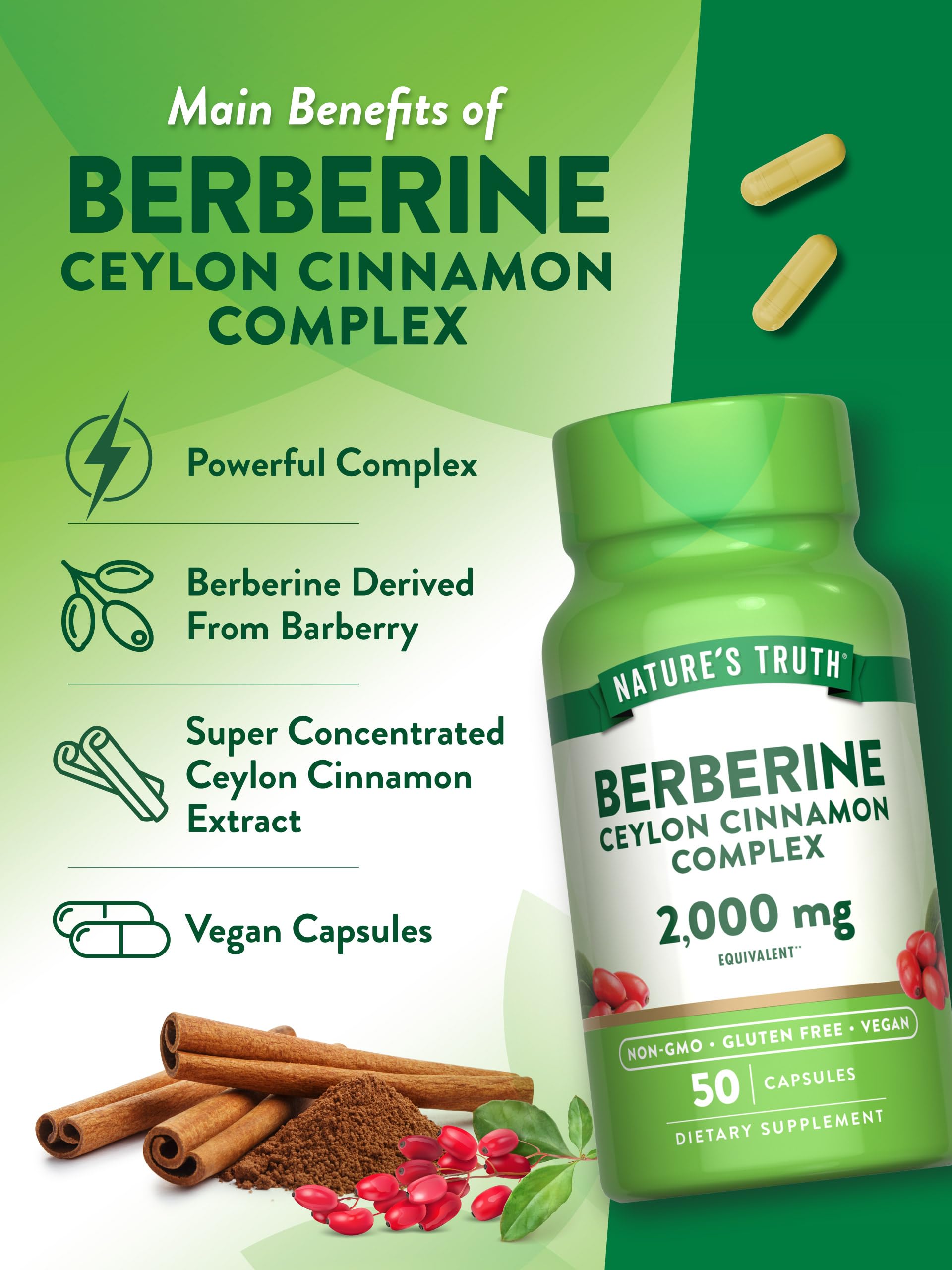 Nature's Truth Berberine with Ceylon Cinnamon Complex - 2,000mg, 50 Vegan Capsules | Vegan, Non-GMO, Gluten Free