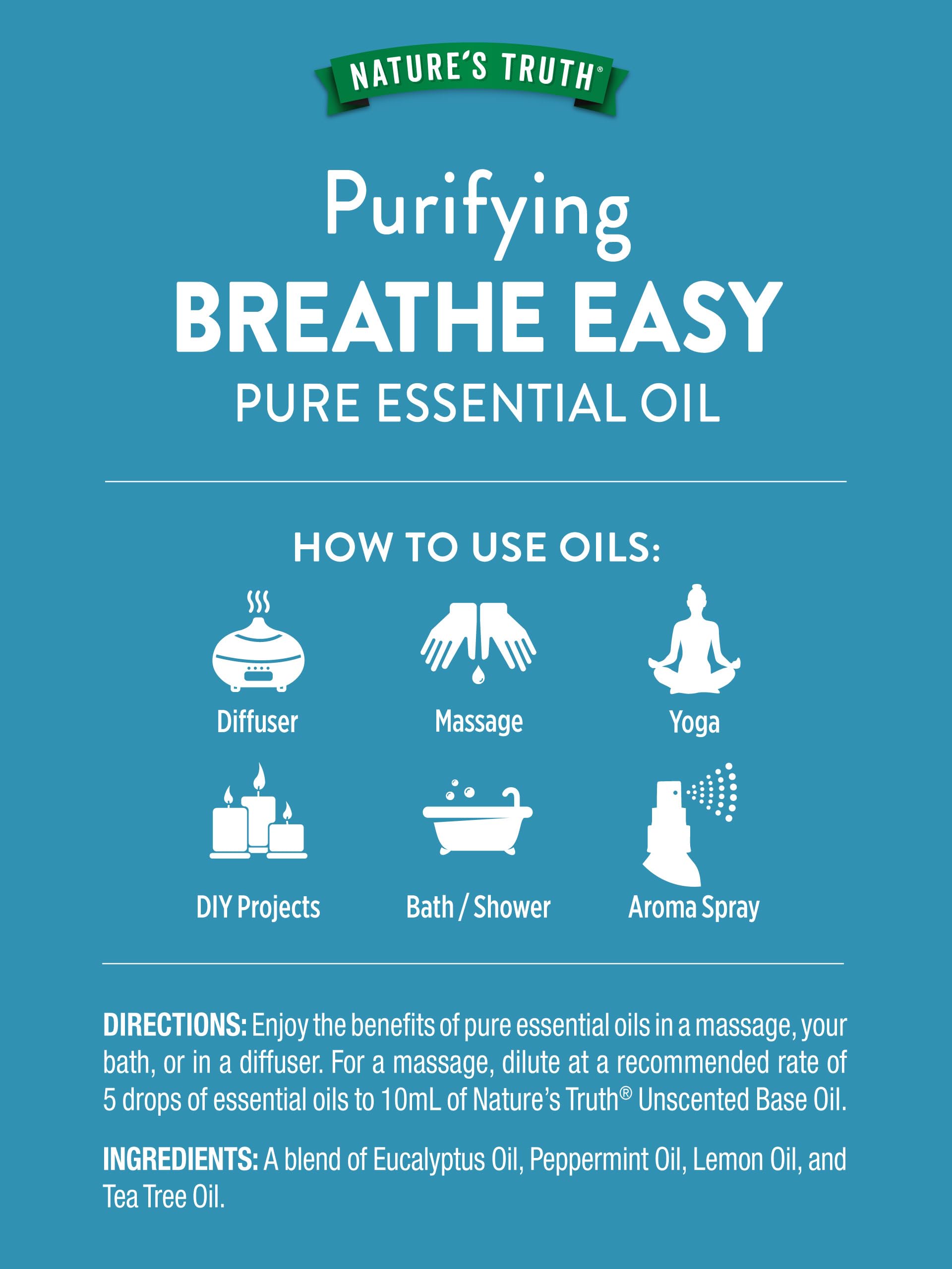 Nature's Truth Breathe Easy Essential Oil Blend 15 mL – Eucalyptus, Peppermint, Lemon & Tea Tree