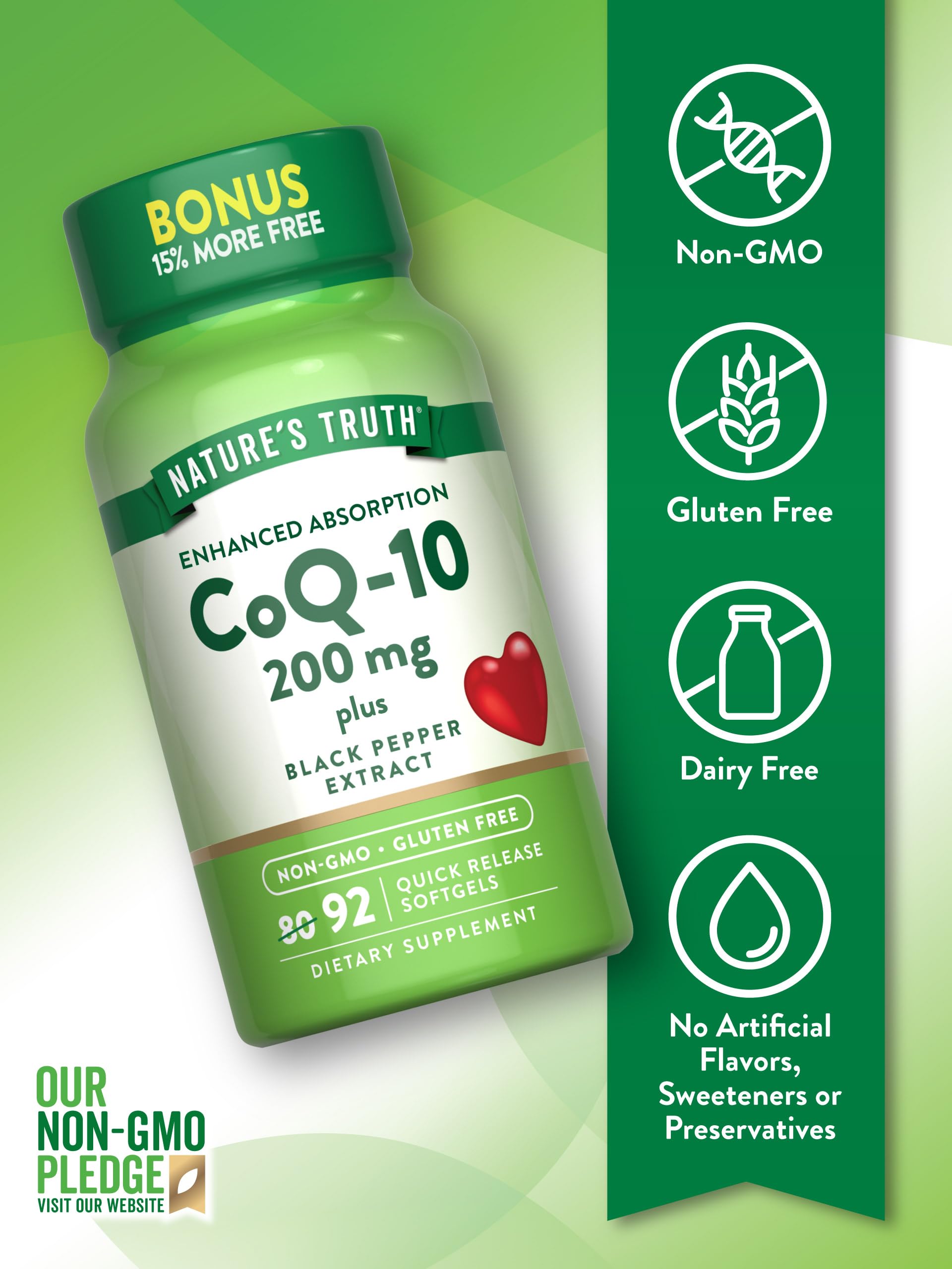 Nature's Truth CoQ10 200 mg Softgels | 92 Count | Enhanced Absorption | with Black Pepper Extract | Non-GMO & Gluten Free Supplement