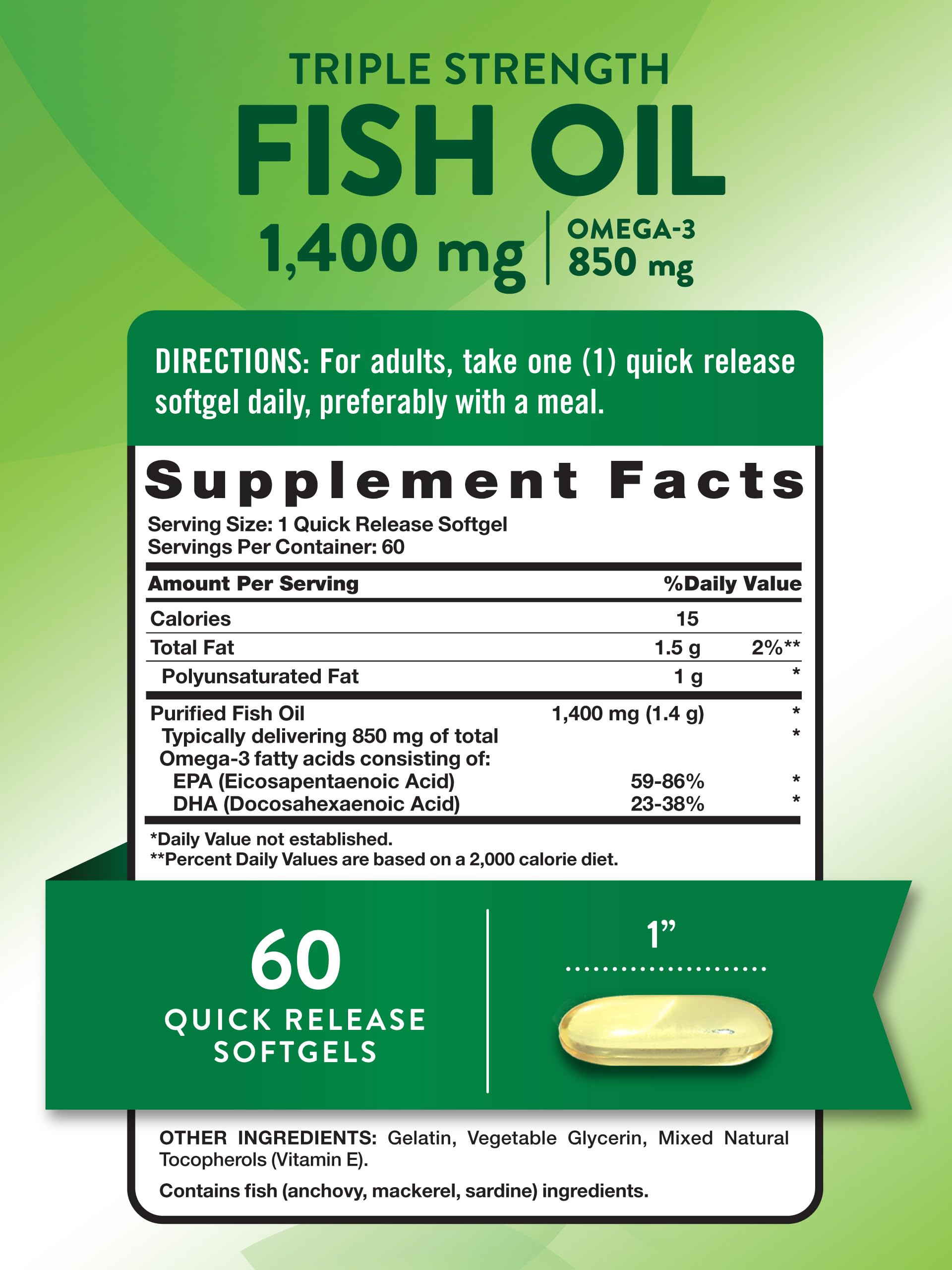 Nature's Truth Triple Strength Fish Oil Softgels - 1400 mg | 60 Count | Active Omega-3 | Non-GMO & Gluten Free