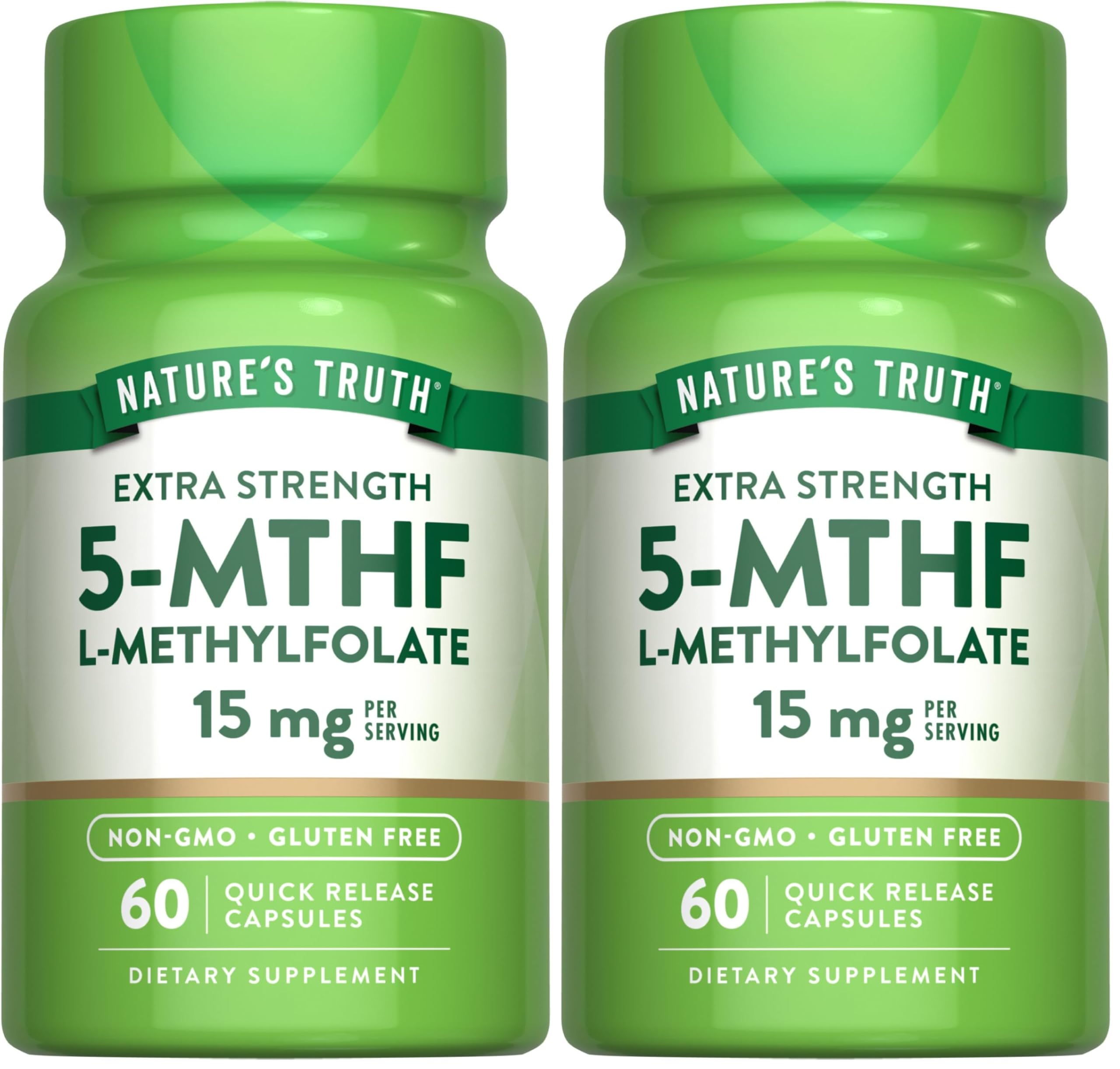 Nature's Truth L-Methylfolate 15mg – 60 Capsules – Extra Strength Pack of 2 | Non-GMO & Gluten Free