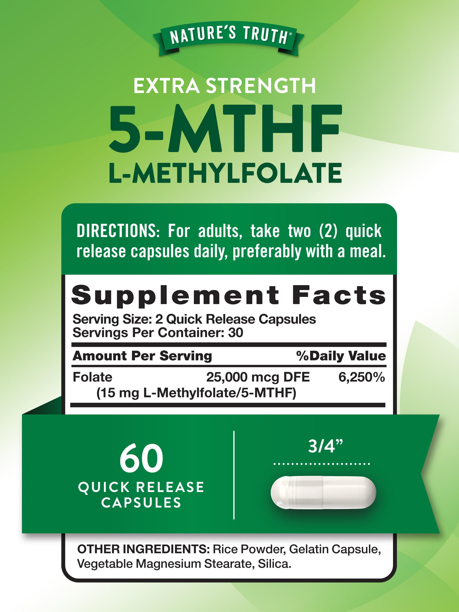 Nature's Truth L-Methylfolate 15mg – 60 Capsules – Extra Strength Pack of 2 | Non-GMO & Gluten Free