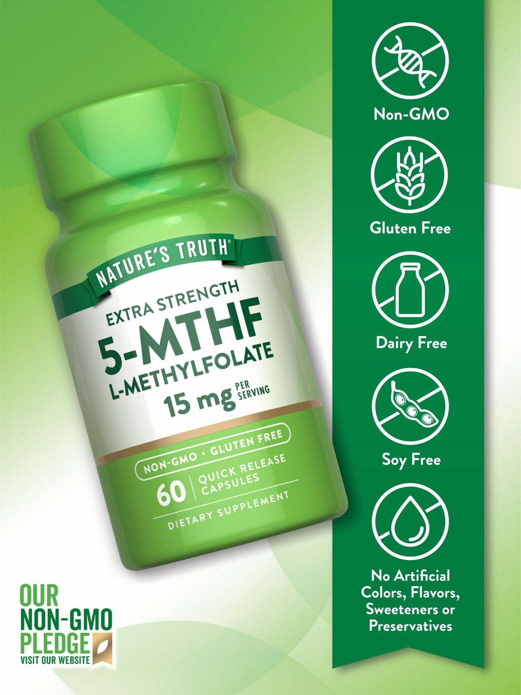 Nature's Truth L-Methylfolate 15mg – 60 Capsules – Extra Strength Pack of 2 | Non-GMO & Gluten Free