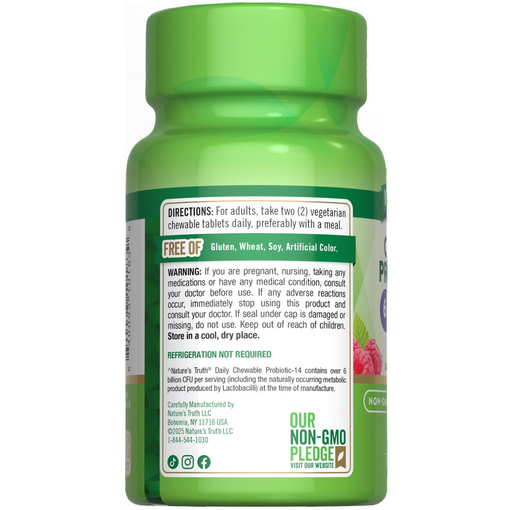 Nature's Truth Probiotic Chewable – 6 Billion CFU, 14 Strains, Berry Flavor | Vegetarian, Non-GMO, Gluten Free | 60 Count
