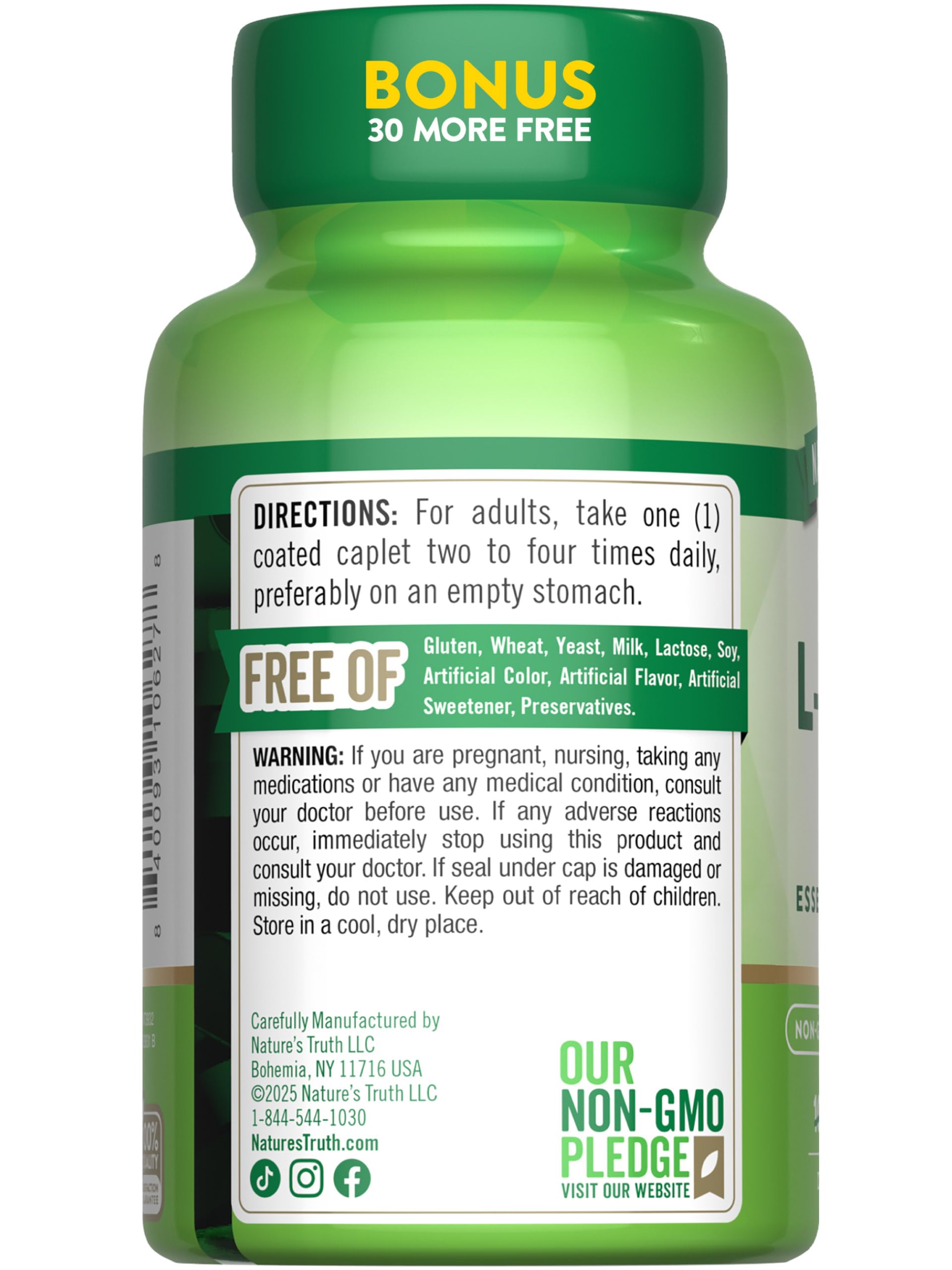 Nature's Truth L-Lysine 500mg | 130 Coated Caplets | Free Form | Essential Amino Acid | Vegan, Non-GMO, Gluten Free