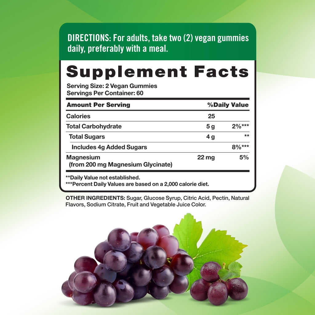 Nature's Truth Magnesium Glycinate Gummies for Adults - 200 mg, 120 Count, Grape - Vegan, Non-GMO & Gluten Free