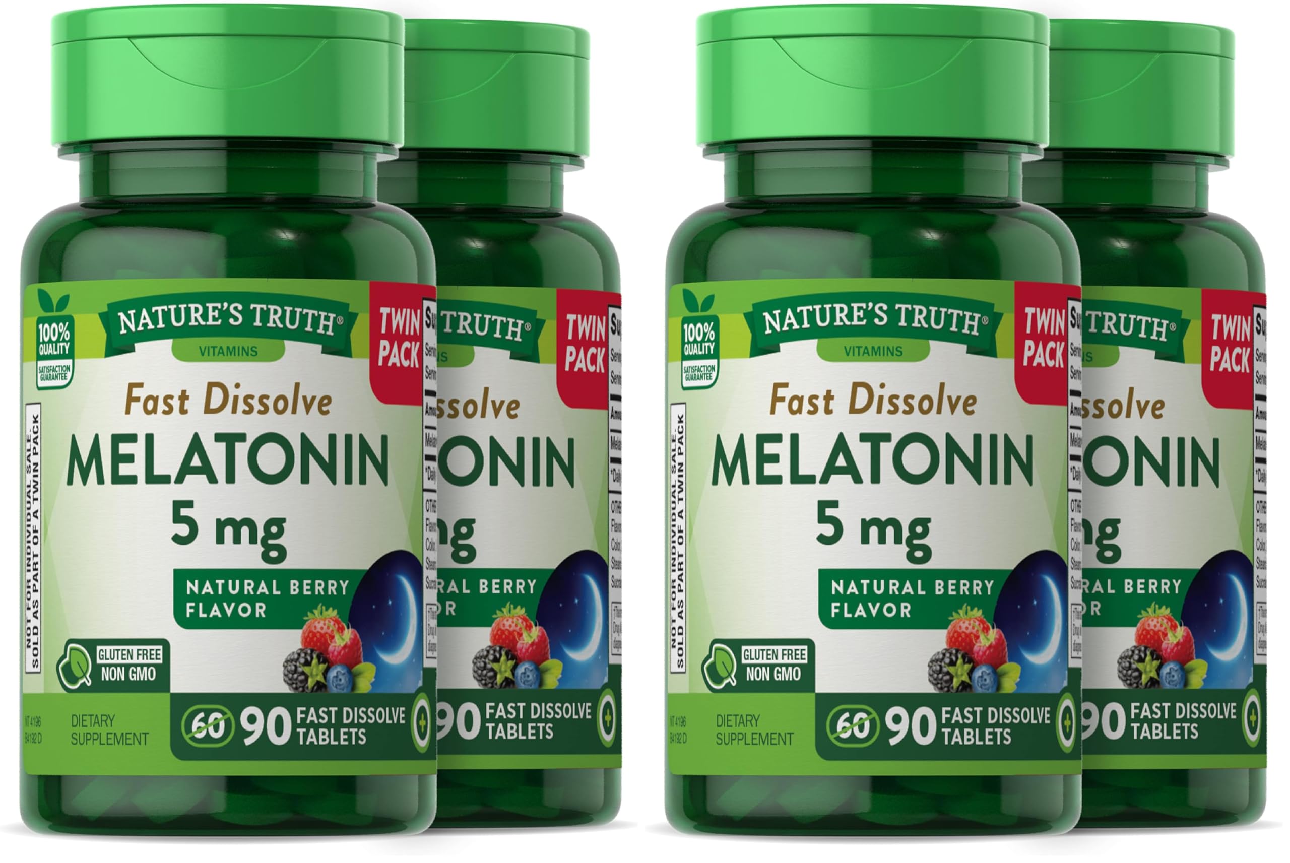 Nature's Truth Melatonin 5 mg | 180 Fast Dissolve Tablets (2 X 90 Twin Pack) | Natural Berry Flavor | Vegetarian, Non-GMO, Gluten Free Supplement (Pack of 2)