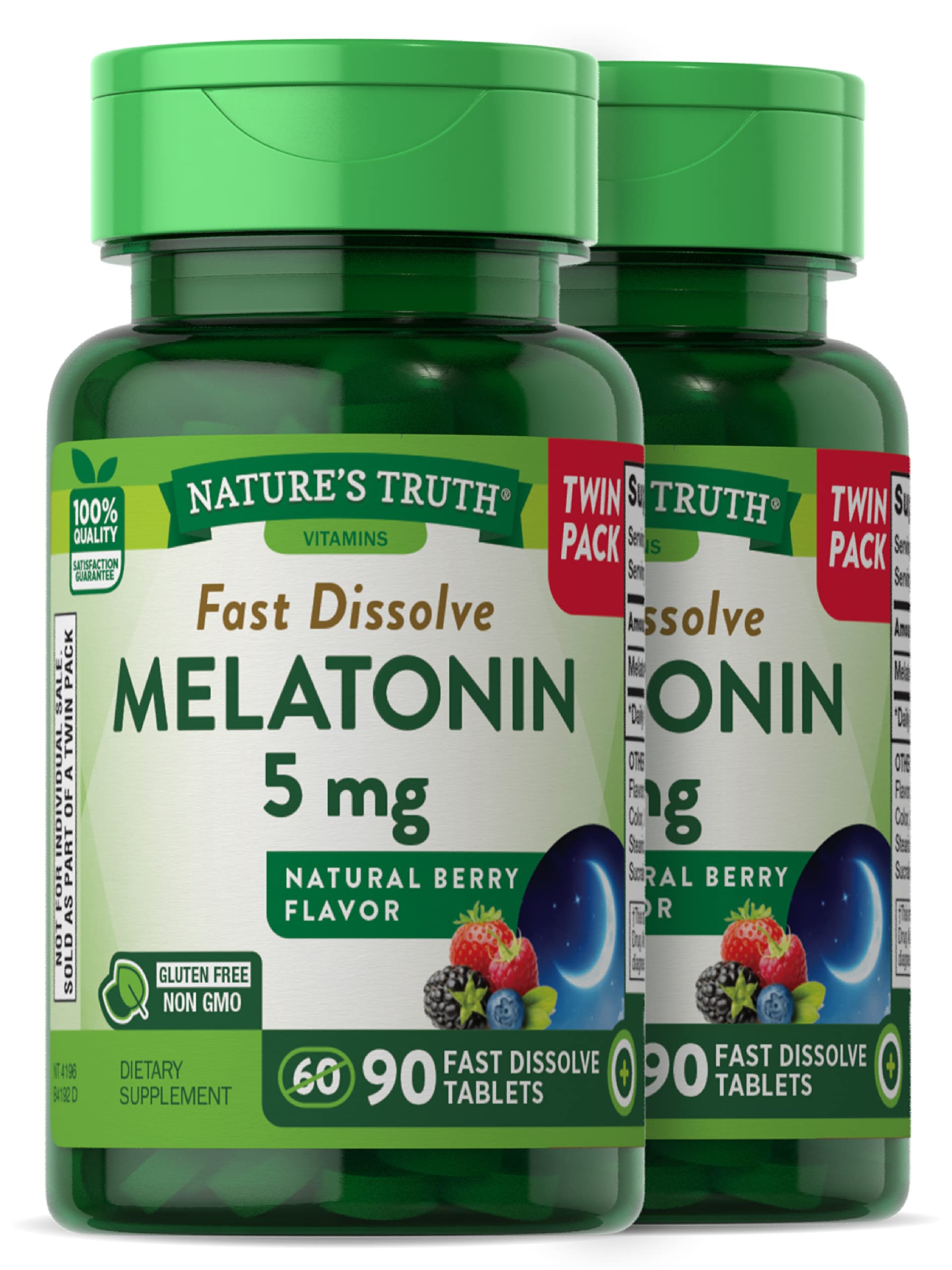 Nature's Truth Melatonin 5 mg Fast-Dissolve – Berry Flavor, 180 Tablets (Twin Pack) | Vegetarian, Non-GMO, Gluten Free