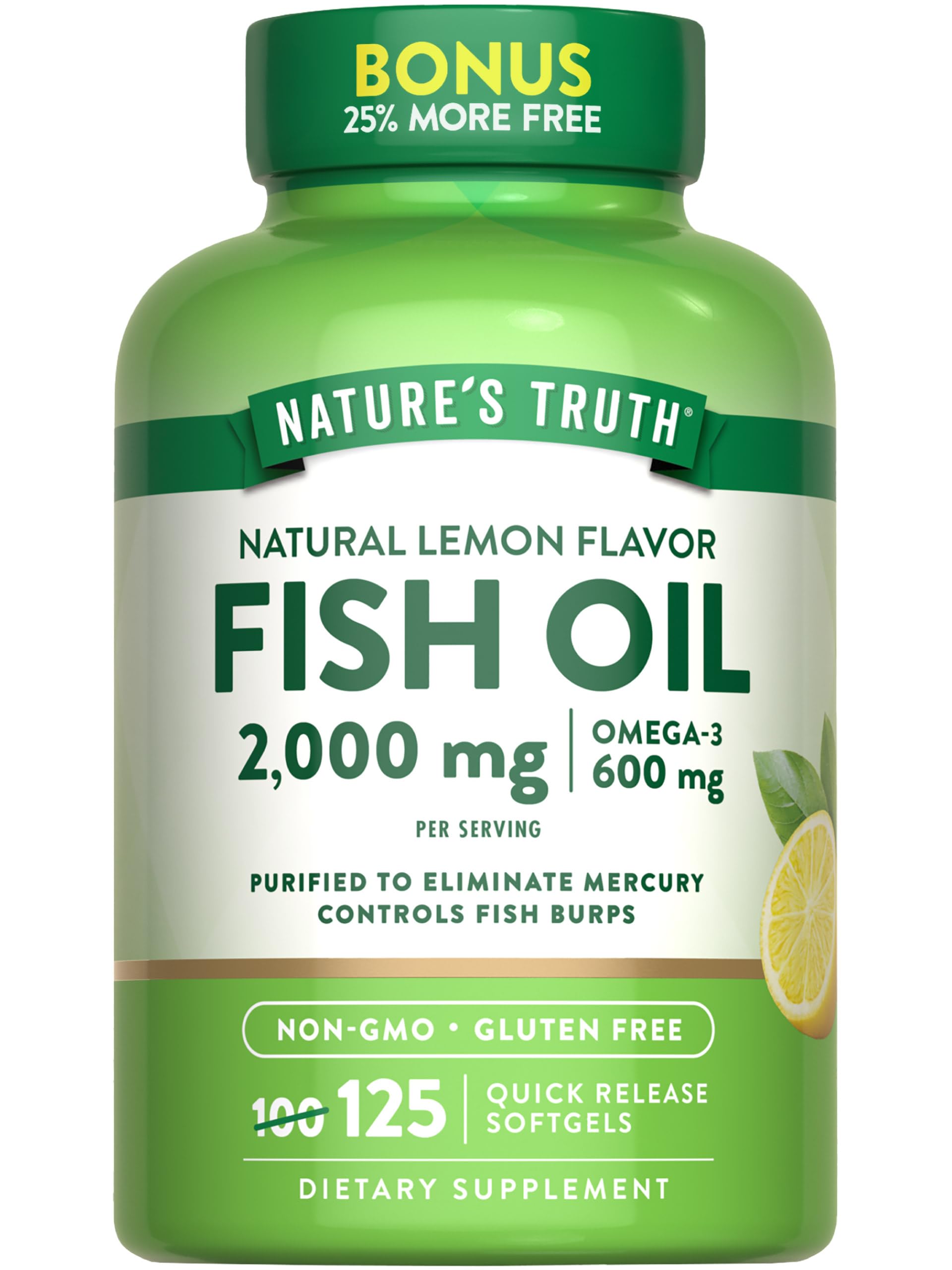 Nature's Truth Omega-3 Fish Oil 2000 mg | 125 Softgels | Lemon | Non-GMO & Gluten Free