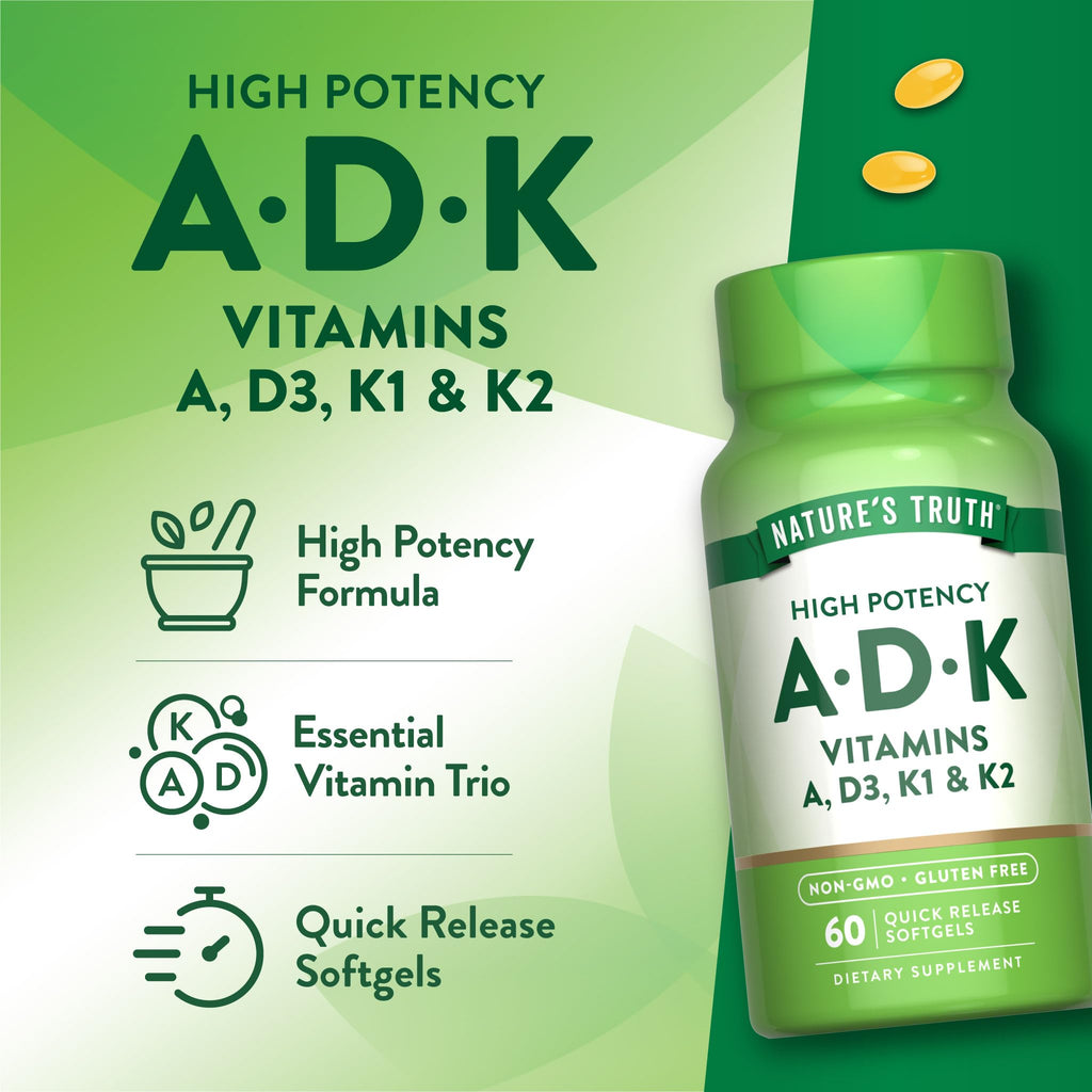 Nature's Truth Vitamin ADK | 60 Softgels - High Potency A, D3, K (Pack of 2) | Non-GMO & Gluten Free
