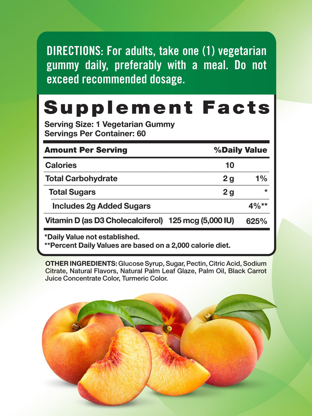 Nature's Truth Vitamin D3 Gummies 5000 IU – Peach, Vegetarian, Gluten Free (60 Count, Pack of 2)