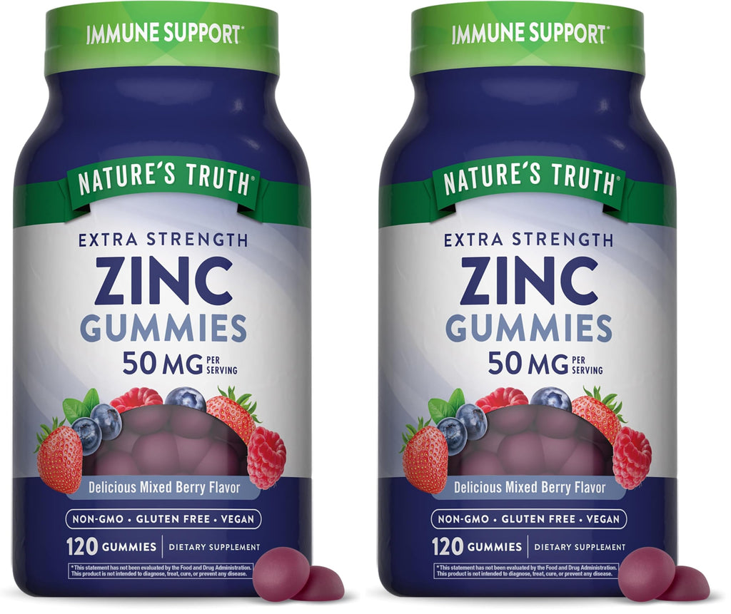 Nature's Truth Zinc Gummies for Adults - 50 mg Zinc Citrate, 120 Count, Vegan, Gluten Free | Mixed Berry (Pack of 2)