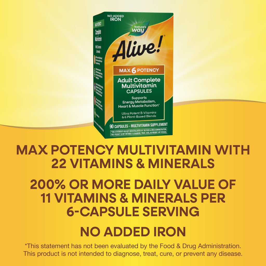 Nature's Way Alive! Max6 Potency Adult Complete Multivitamin – 22 Vitamins, 6 Plant Blends, No Added Iron | 90 Capsules