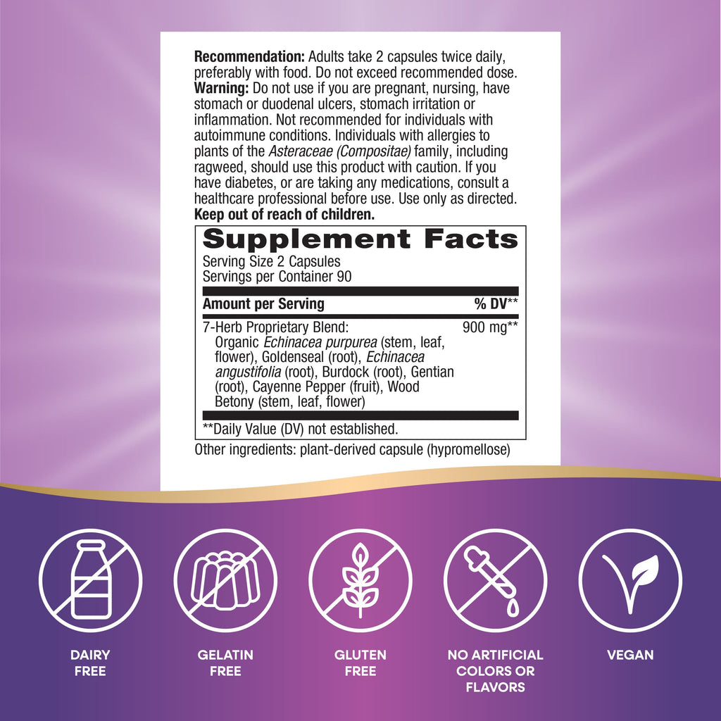Nature's Way Echinacea Goldenseal - 900 mg Echinacea, 7-Herb Blend Immune Support | Gluten Free | 180 Vegan Capsules (Pack of 2)