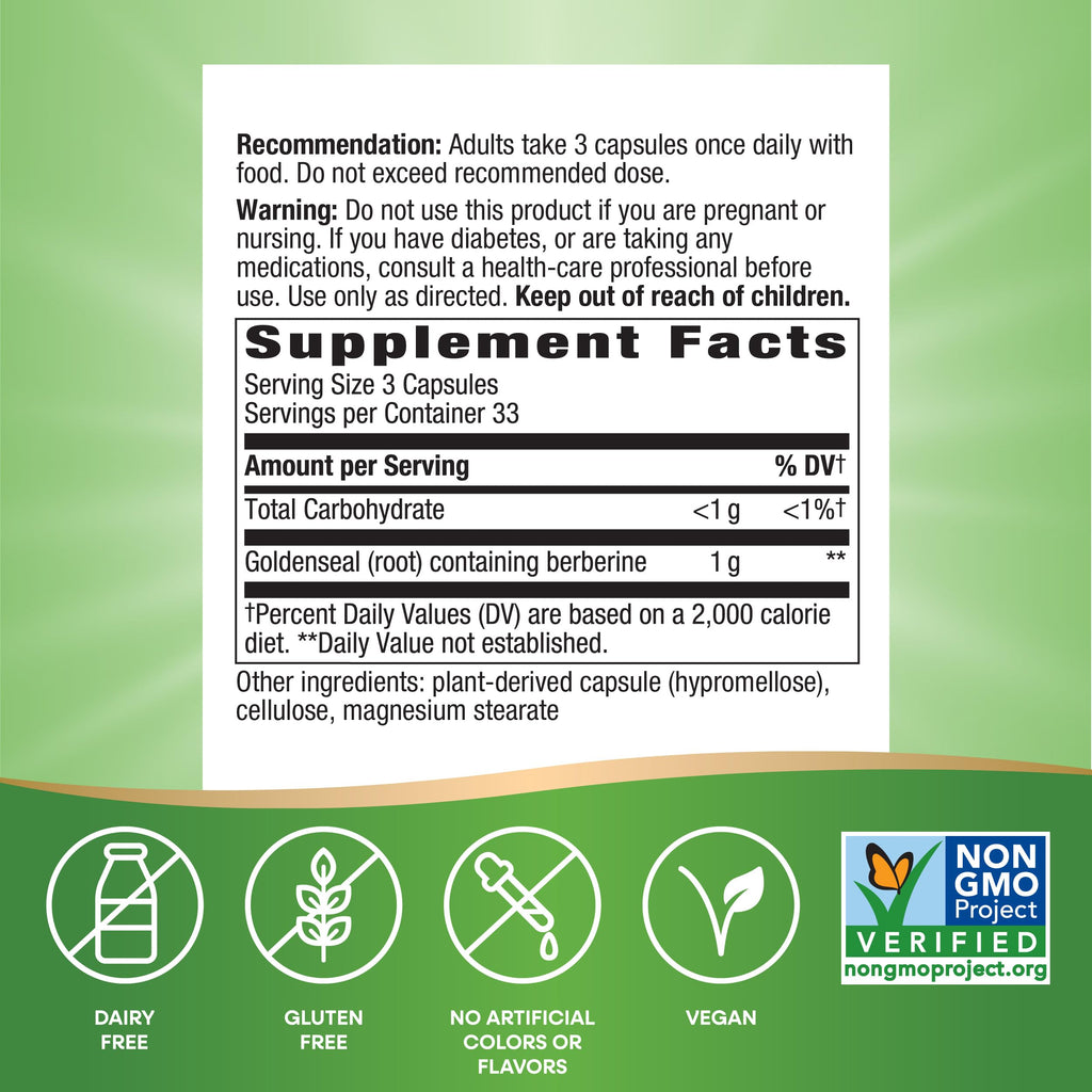 Nature's Way Goldenseal Root, Traditional Digestive Support*, Contains Berberine, Non-GMO Project Verified, Vegan, 100 Capsules (Packaging May Vary)