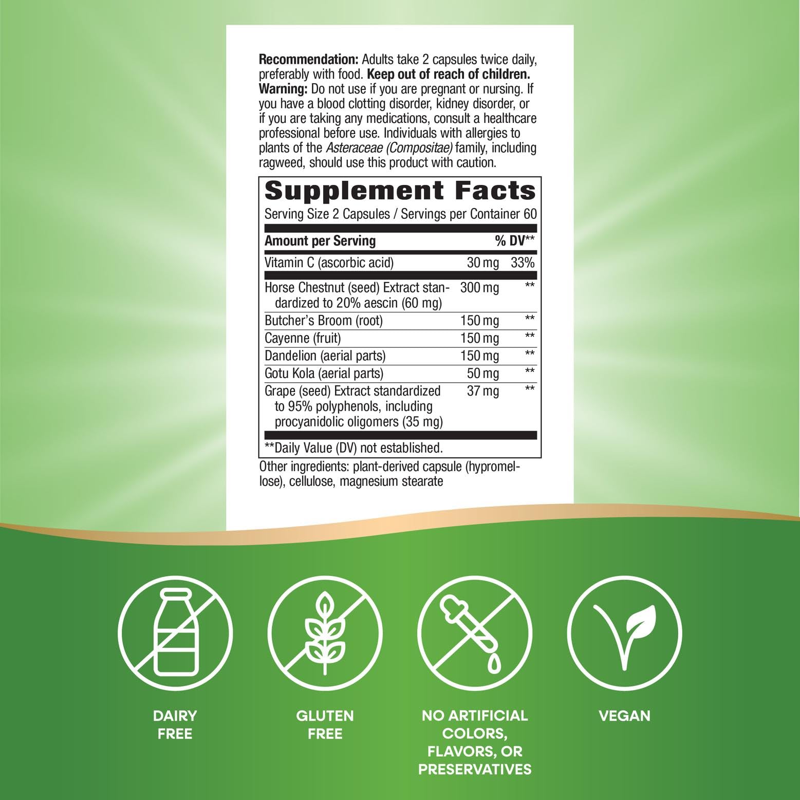 Nature's Way Leg Veins - 6-Herb Blend with Horse Chestnut & Dandelion, Gluten Free, 120 Vegan Capsules
