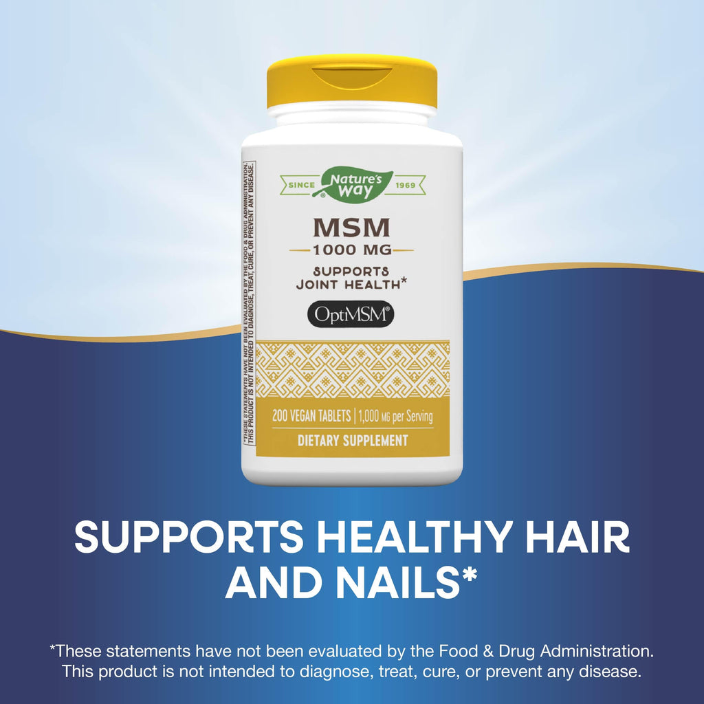 Nature's Way MSM 1000 mg – Joint Health Supplement with OptiMSM | Gluten-Free & Vegan – 200 Tablets