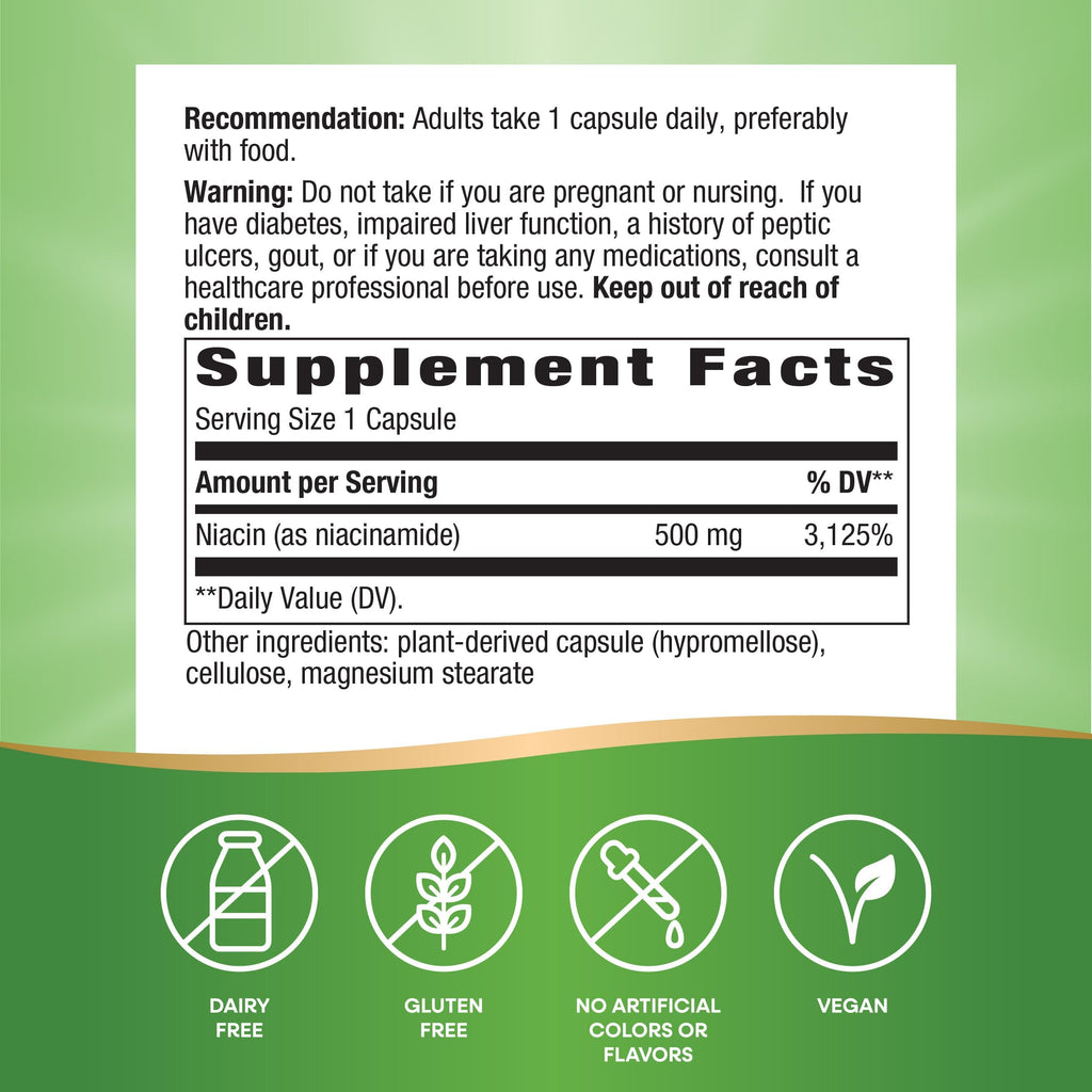 Nature's Way Niacinamide - Non-Flushing Vitamin B3 500 mg, 100 Capsules