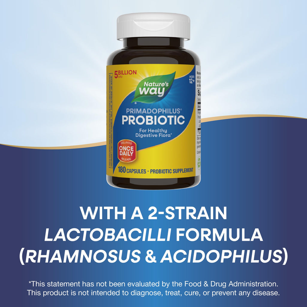 Nature's Way Primadophilus Probiotic – Healthy Digestive Flora, 5 Billion CFU per Serving, 180 Capsules, Keep Refrigerated (Packaging May Vary)