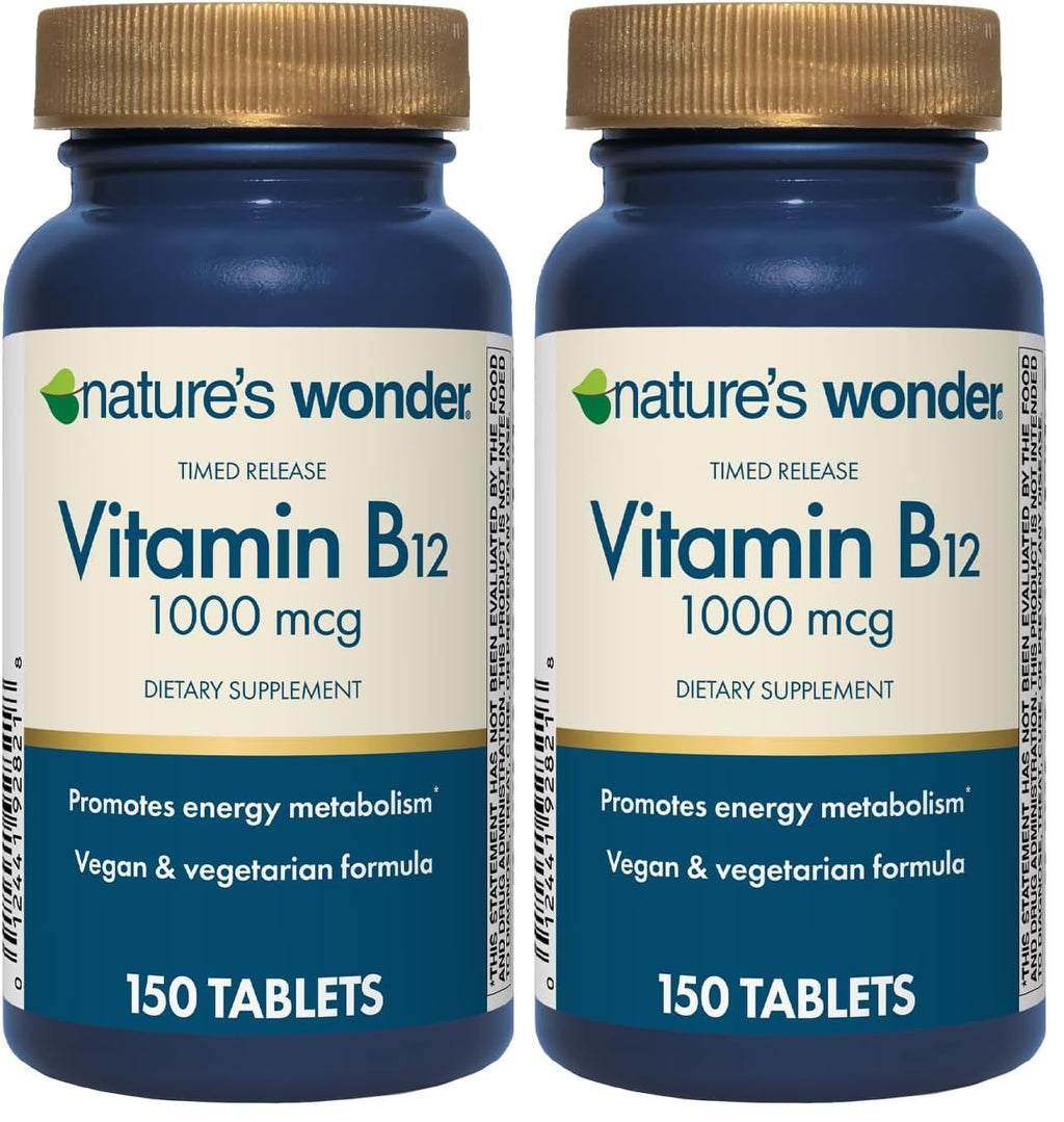 Nature's Wonder Vitamin B12 1000 mcg Timed-Release Tablets – Energy Metabolism, Brain & Nervous System Health, 150 Day Supply (Pack of 2)