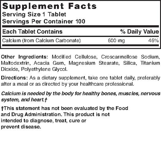 Nature's Blend Pure Calcium Carbonate 600 mg - 100 Tabs (1684) | Gluten Free