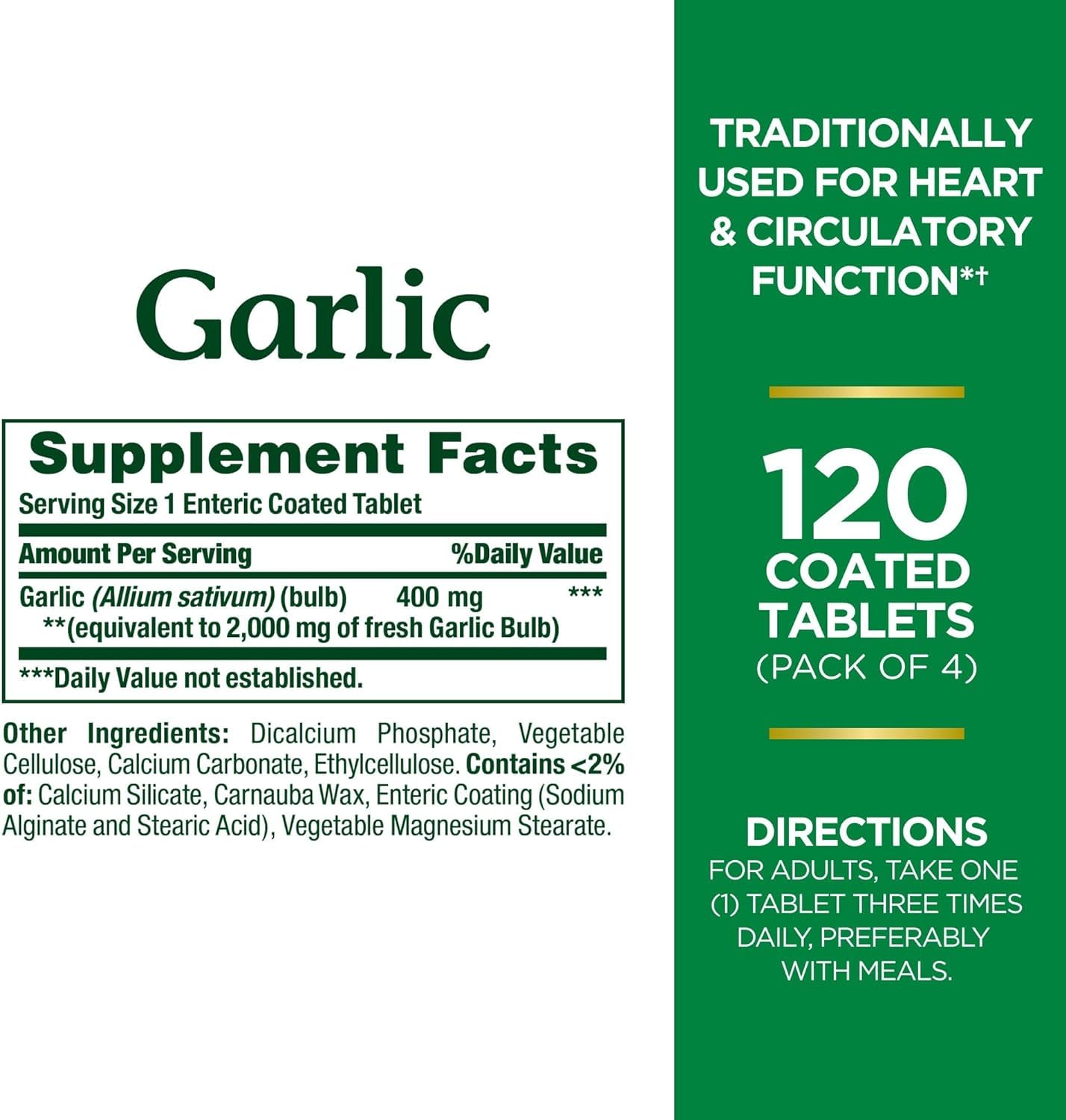 Nature's Bounty Garlic 2000 mg Odor-Free Tablets – 4 Pack (480 Total Tablets) | Heart Health Support
