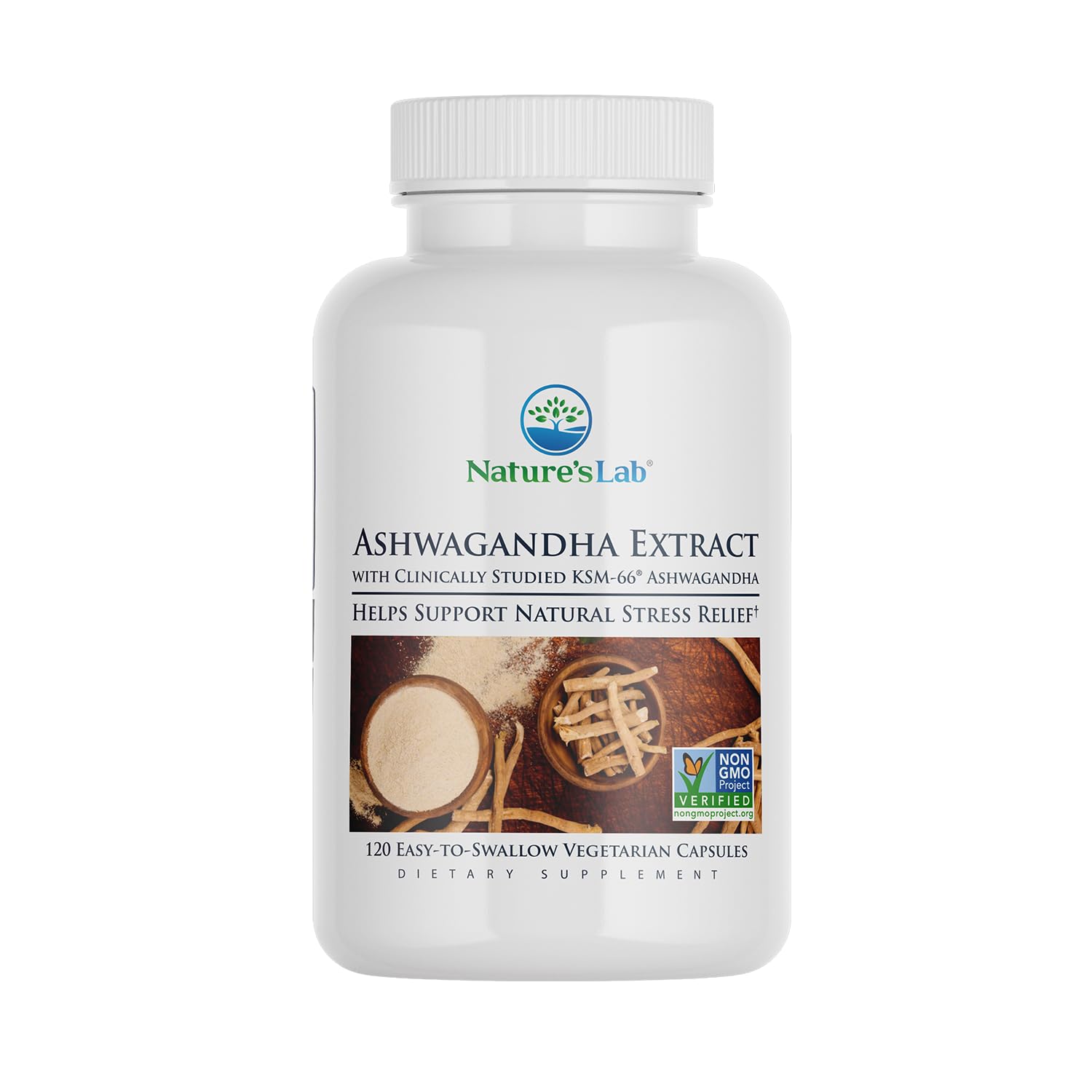 Nature's Lab Extra Strength Ashwagandha KSM66 - 5% Withanolides, Organic Root Powder, 120 Ct