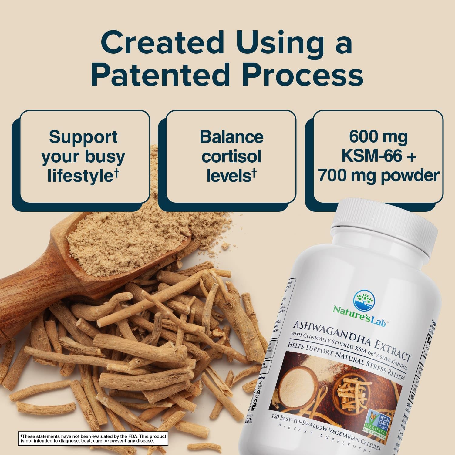 Nature's Lab Extra Strength Ashwagandha KSM66 - 5% Withanolides, Organic Root Powder, 120 Ct