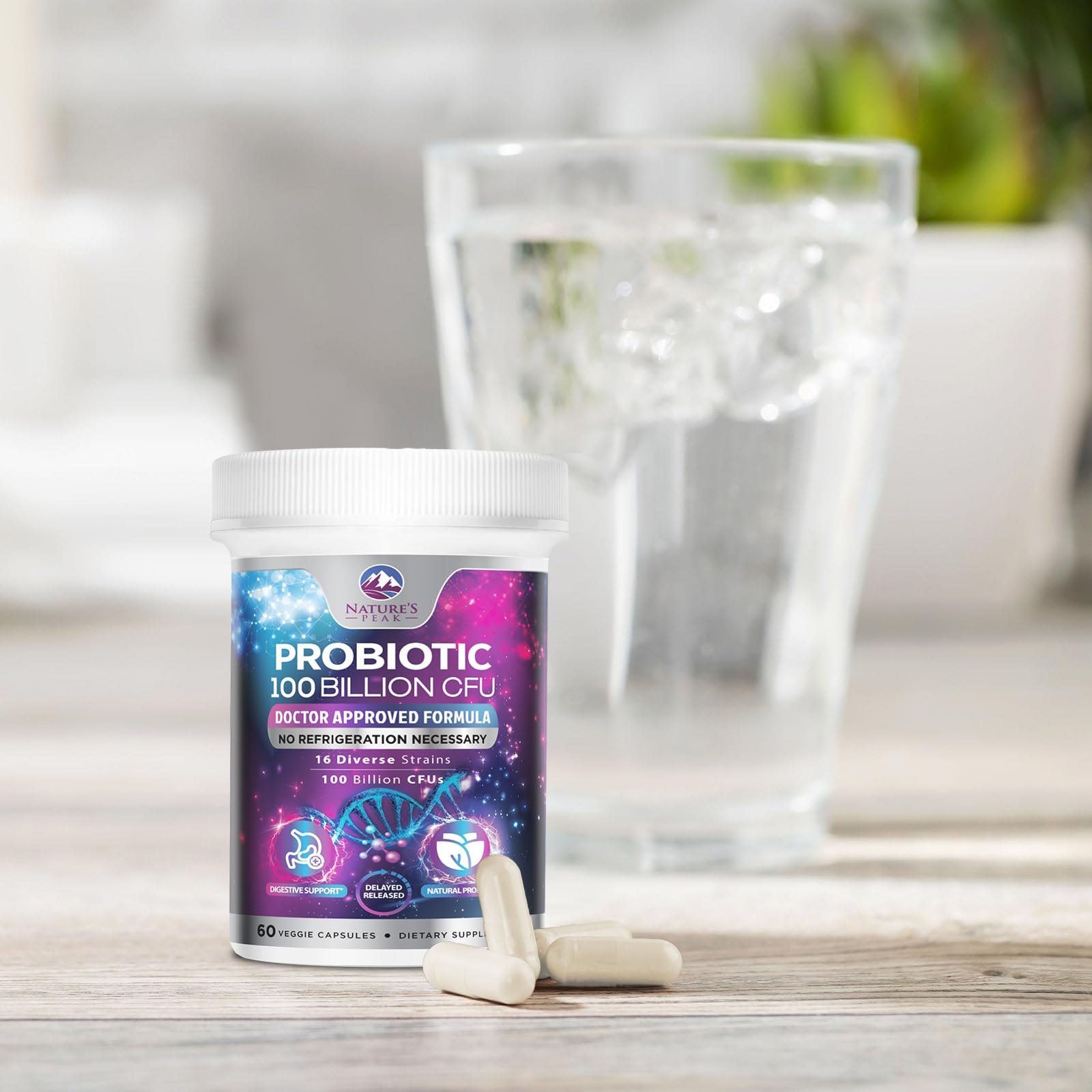 Nature's Peak Probiotics - 100 Billion CFU - 16 Strains + Prebiotics - Best Probiotic Supplement for Women & Men - Supports Immune, Digestive Health, Occasional Constipation & Gas - 60 Capsules