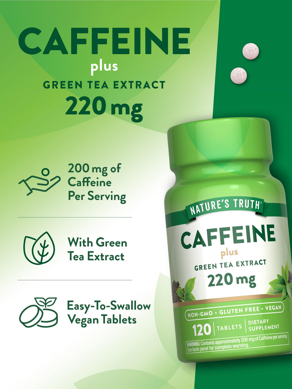 Nature's Truth Caffeine Pills 220mg | 120 Count | Green Tea Extract | Vegan, Non-GMO & Gluten Free (Pack of 2)