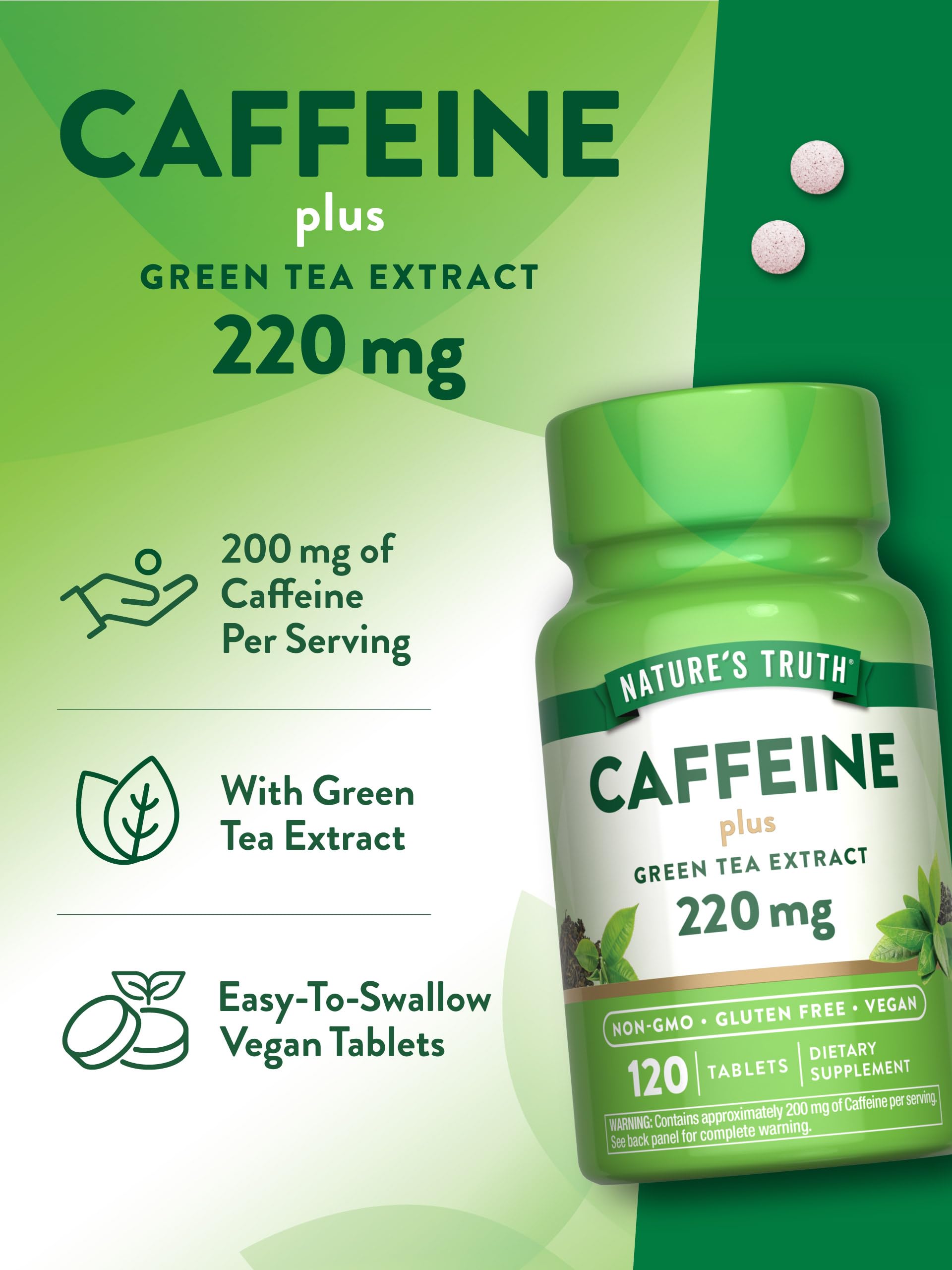 Nature's Truth Caffeine Pills 220mg | 120 Count | Green Tea Extract | Vegan, Non-GMO & Gluten Free (Pack of 2)