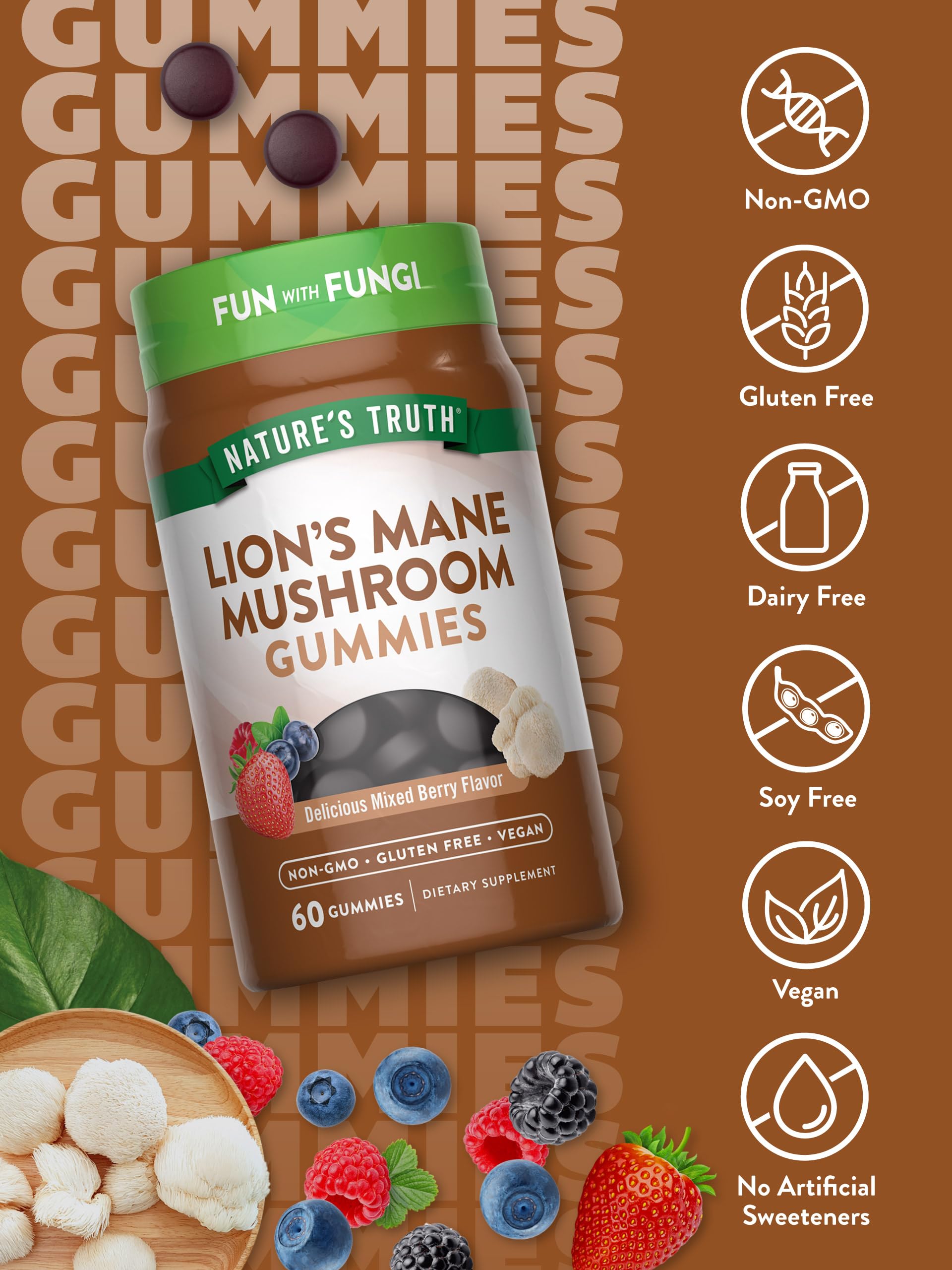 Nature's Truth Lion’s Mane Gummies – 60 Count, Mixed Berry, Vegan & Non-GMO