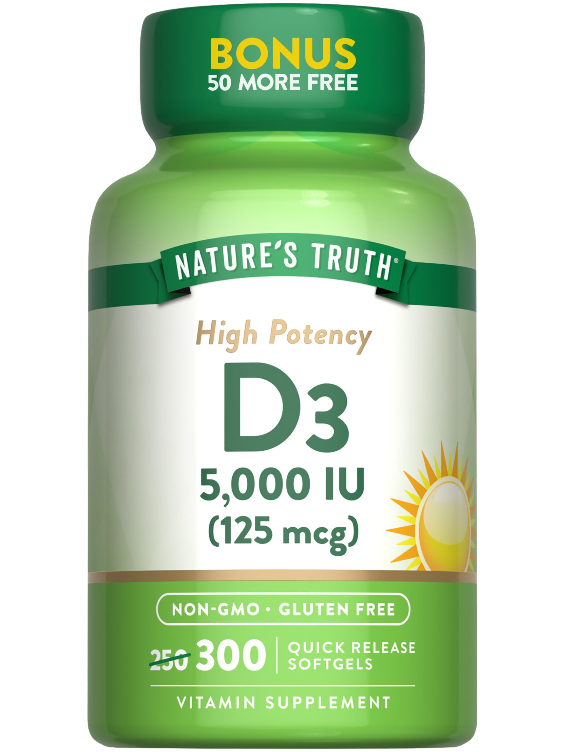Nature's Truth Vitamin D3 5000 IU – 300 Softgels | Non-GMO, Gluten Free