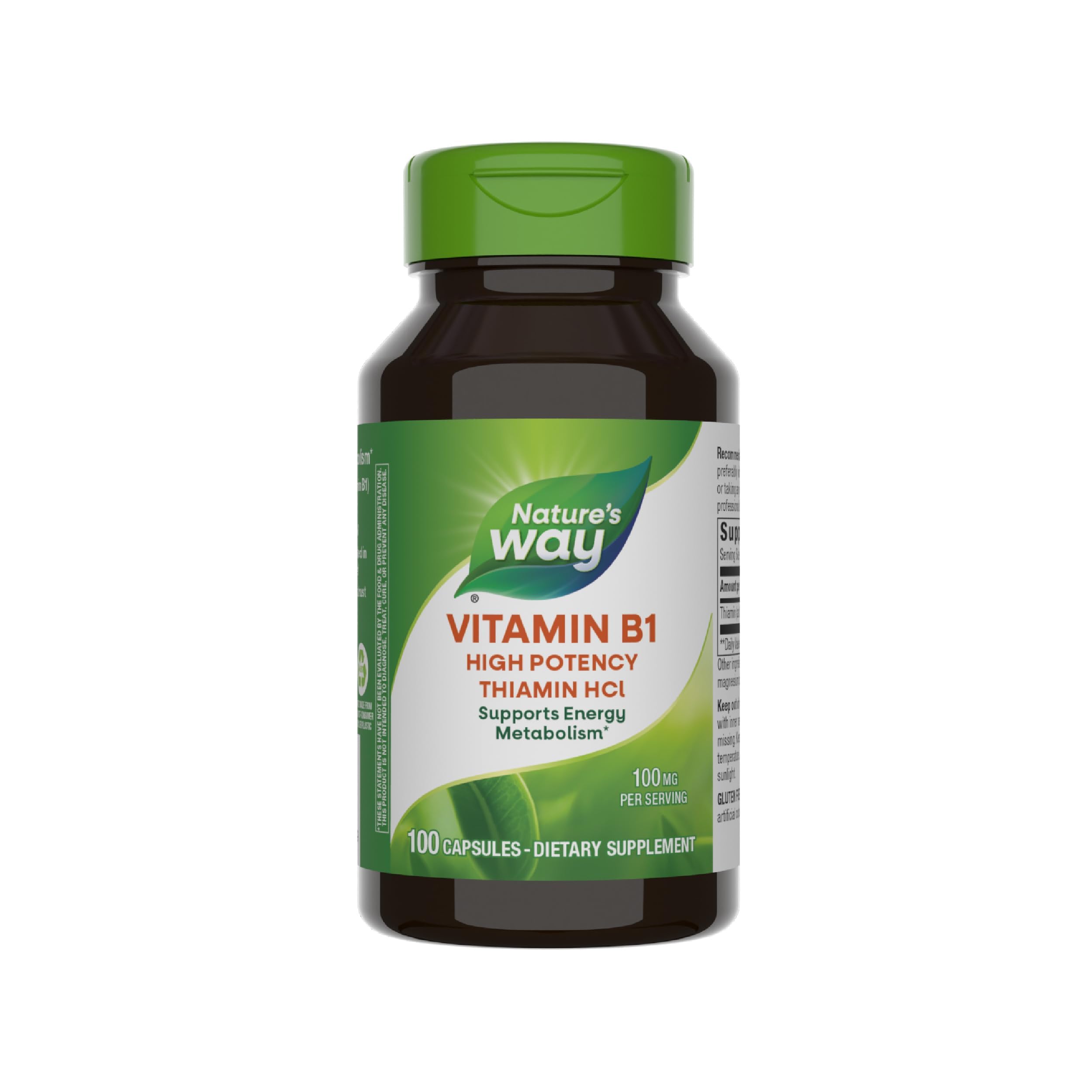 Nature's Way Vitamin B1 100 mg Thiamin HCl – High Potency, Gluten Free, 100 Caps (Packaging May Vary)