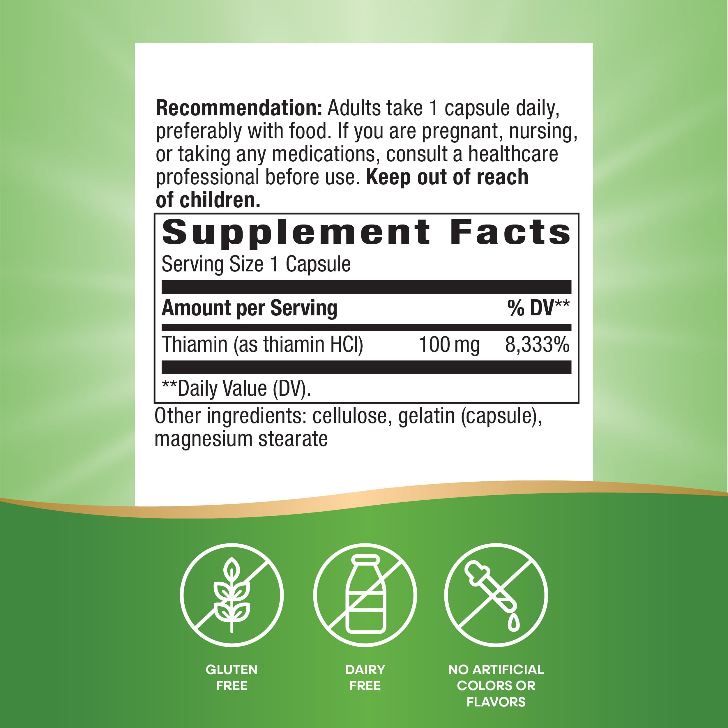Nature's Way Vitamin B1 100 mg Thiamin HCl – High Potency, Gluten Free, 100 Caps (Packaging May Vary)