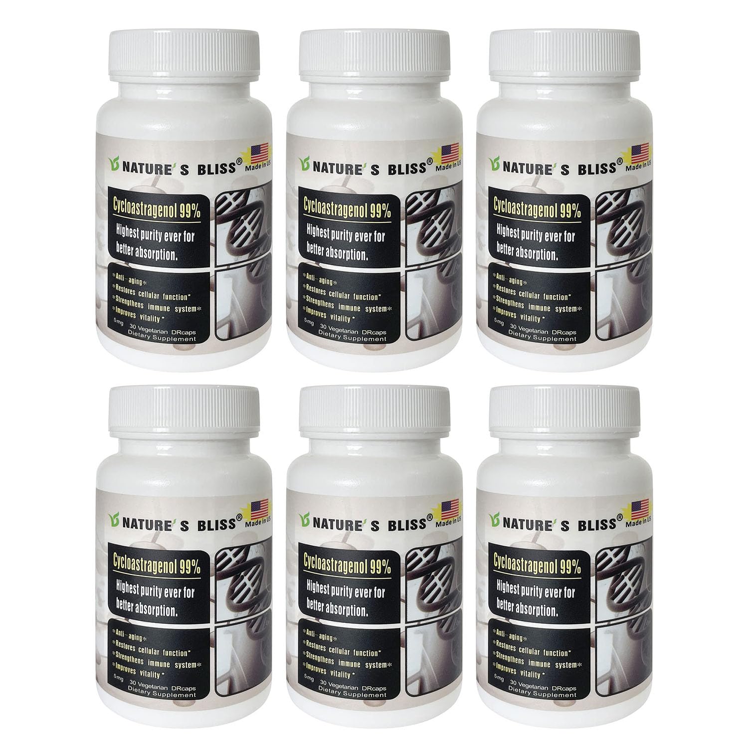 Nature'sbliss Cycloastragenol 99% - Stomach Acid Protected, Made in USA, 5mg, 180 Caps