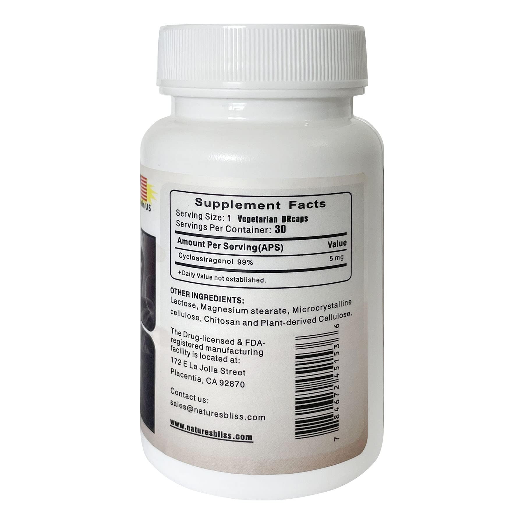Nature'sbliss Cycloastragenol 99% - Stomach Acid Protected, Made in USA, 5mg, 180 Caps