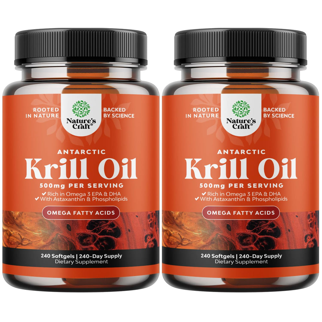 Natures Craft Antarctic Krill Oil 500mg Softgels - Omega-3 EPA/DHA + Astaxanthin - 2-Pack