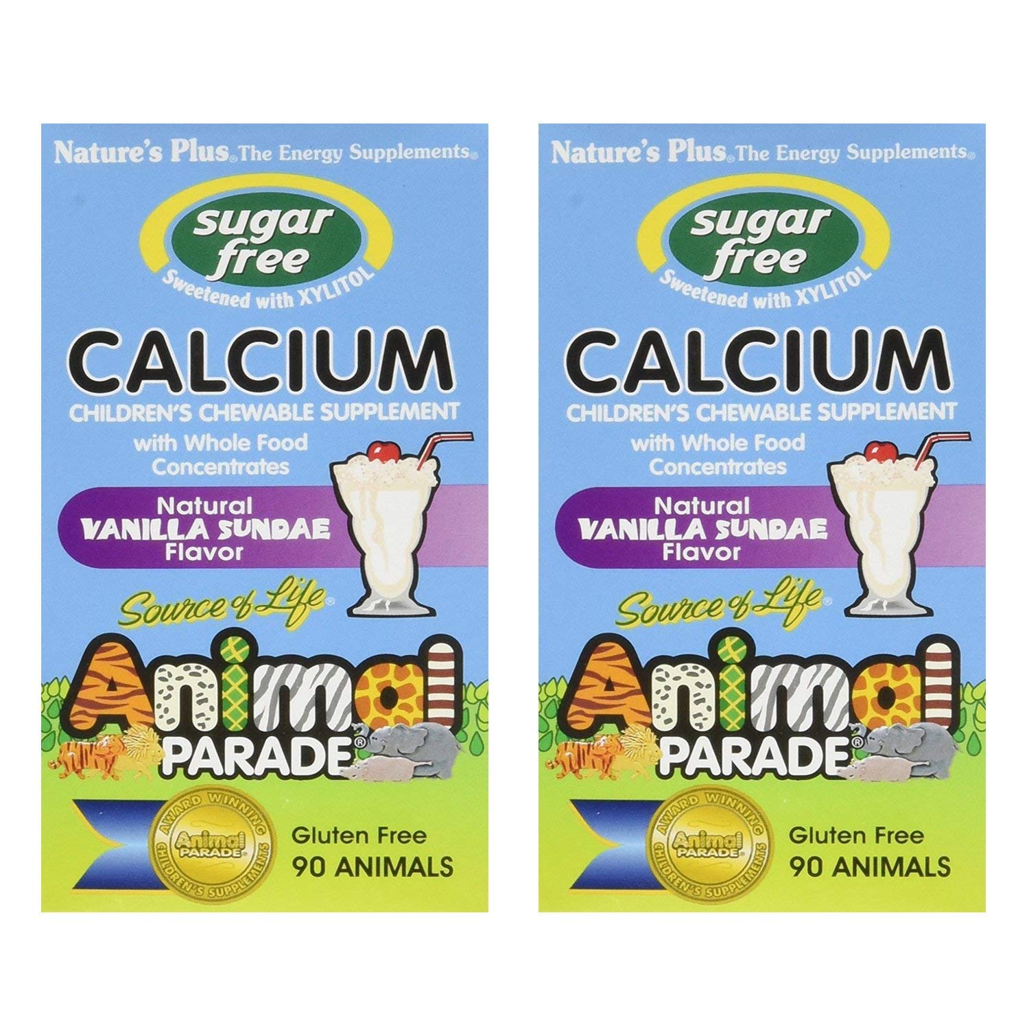 NaturesPlus Animal Parade Calcium – Sugar-Free Vanilla Sundae Chewables, 2-Pack