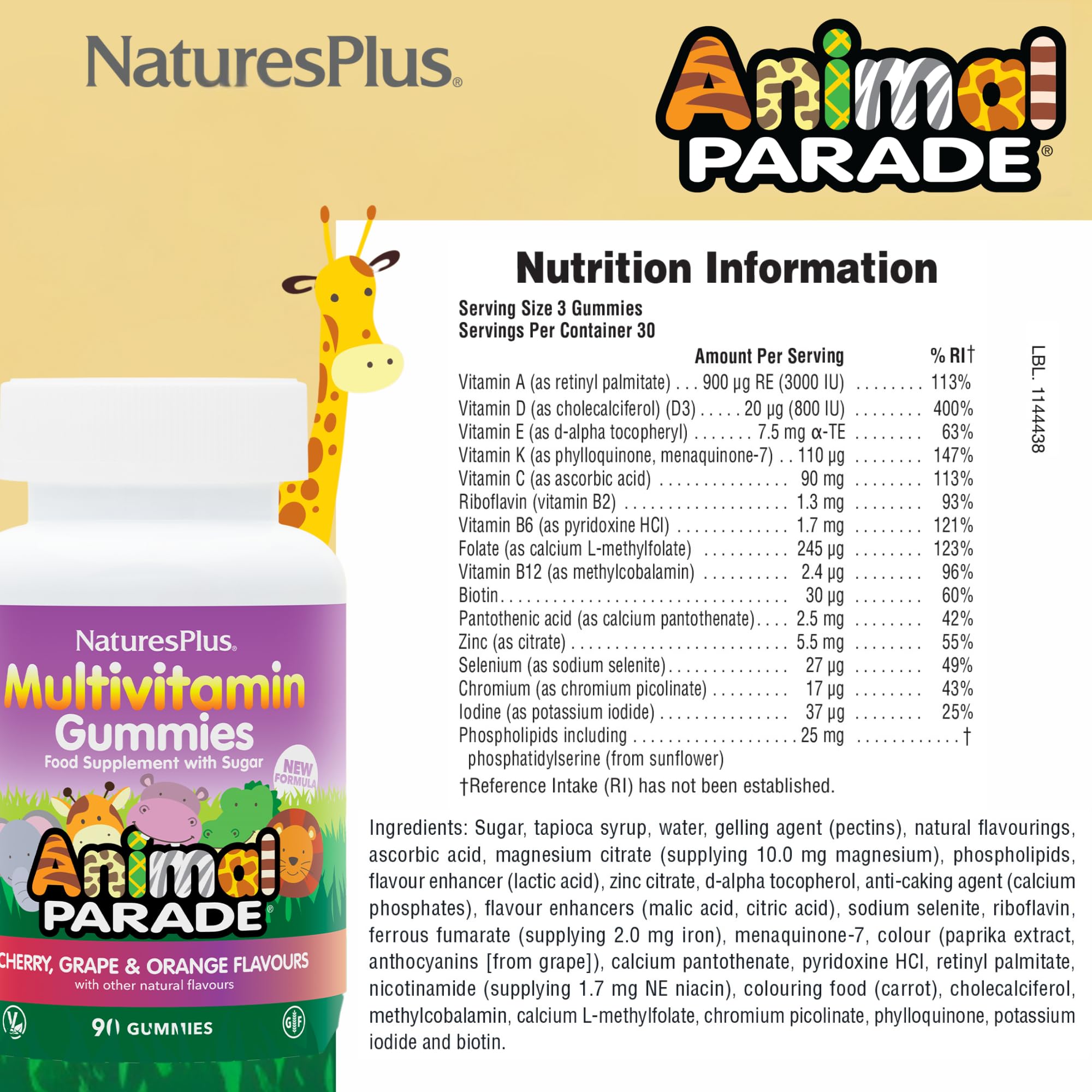NaturesPlus Animal Parade Multivitamin Gummies - 90 Count, 30 Servings | Cherry, Grape & Orange