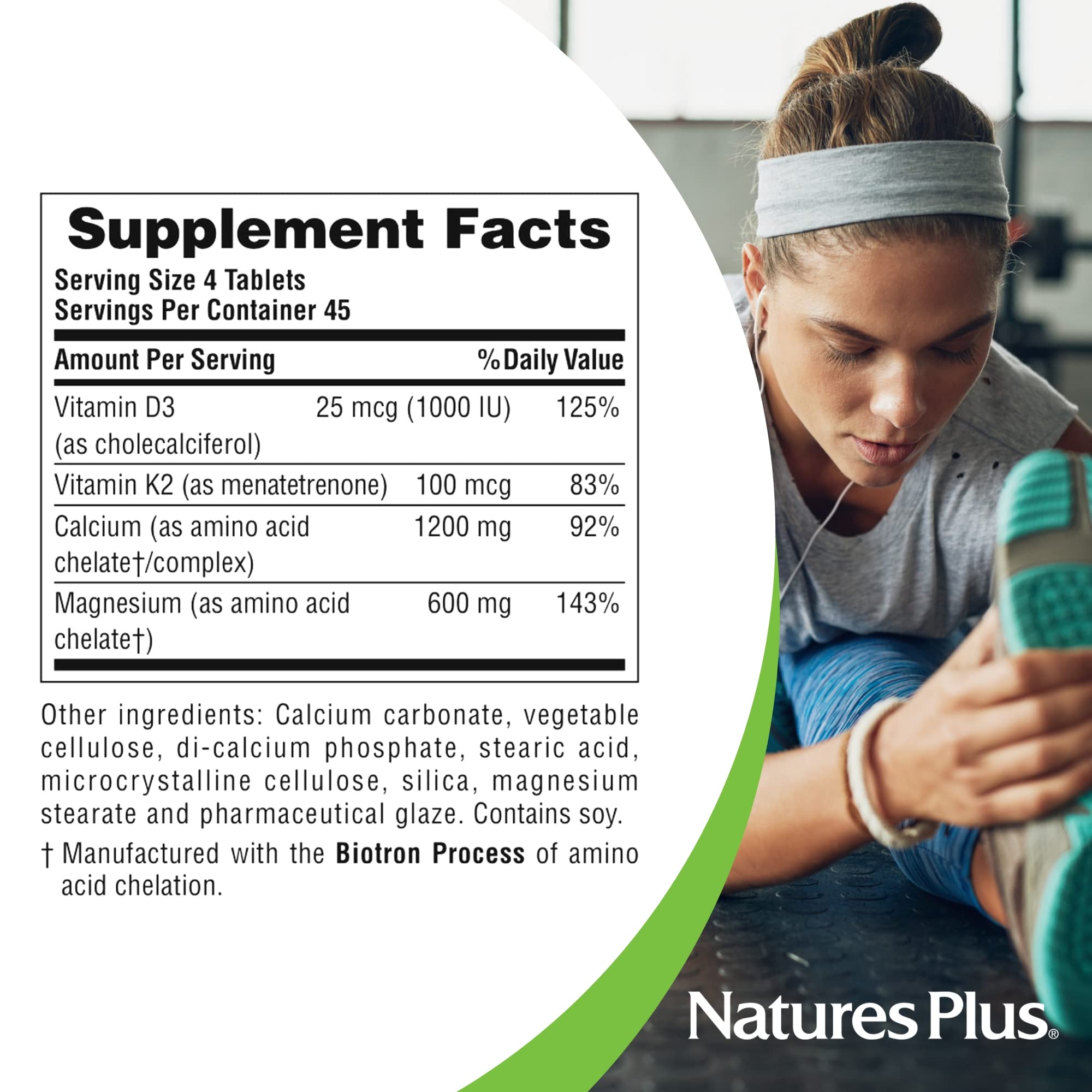 NaturesPlus Calcium Magnesium Vitamin D3 with Vitamin K2 – Bone & Immune Health | 180 Tablets (45 Servings) | Vegetarian & Gluten Free