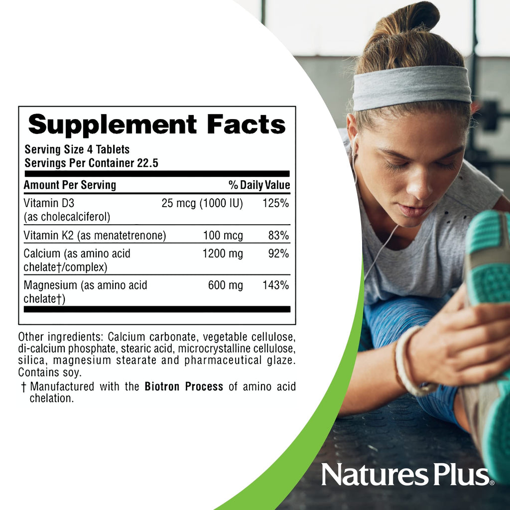 NaturesPlus Calcium Magnesium Vitamin D3 with Vitamin K2 – Bone & Immune Support (Vegetarian, Gluten Free) – 90 Tablets