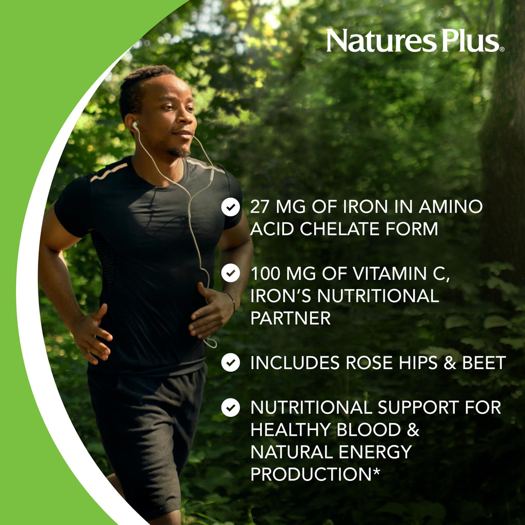 Nature's Plus Chewable Iron 27 mg - 90 Tablets | High Potency Iron with Vitamin C & Herbs